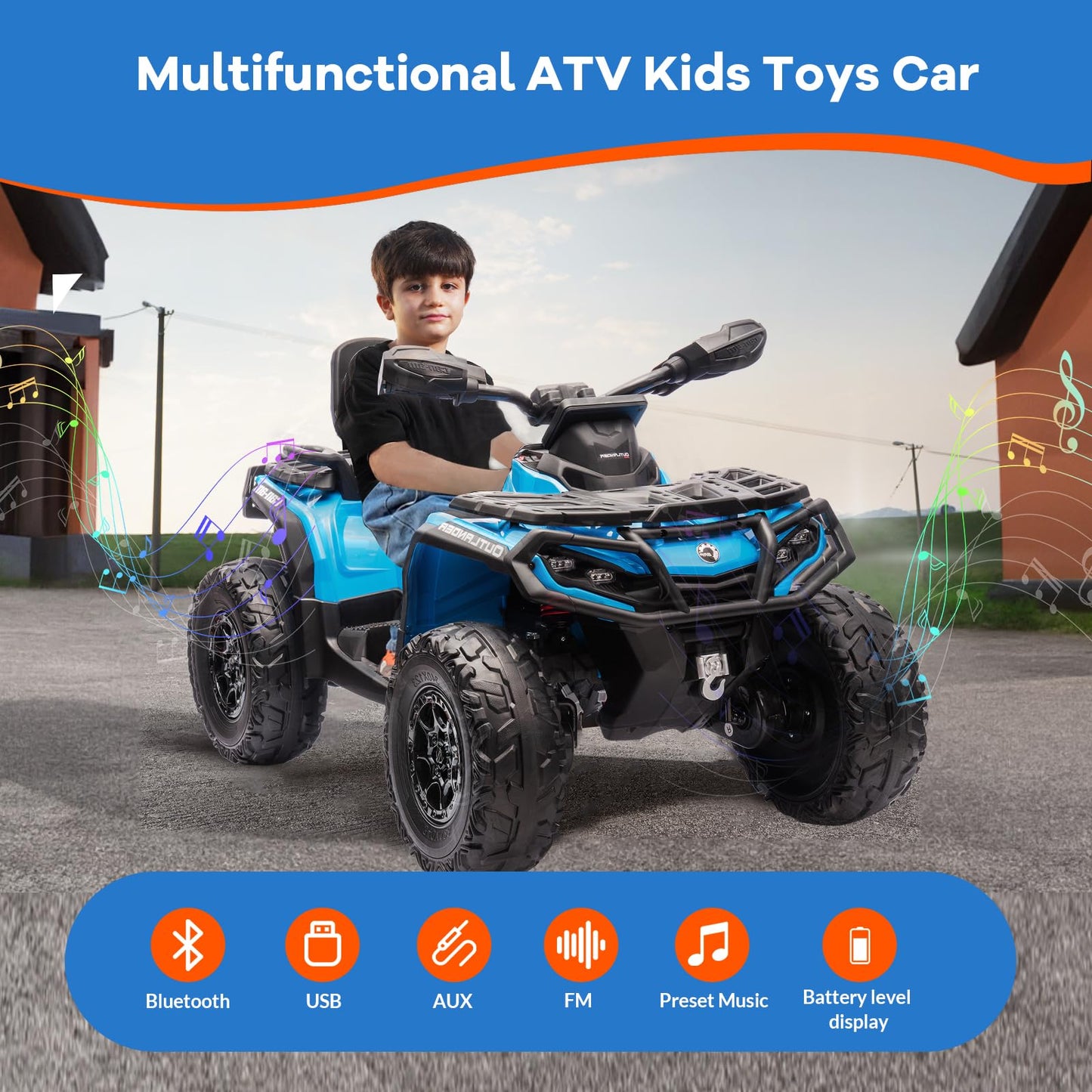 Garvee Ride - P Series: 12V Kids Ride On Electric Quad ATV, 2 Leather Seater ATV Car for Kids, 27V Kids Ride On Toys with LED Headlights, Bluetooth & Music, Adjusted Speeds 2-4 MPH, Ride On Toys for Kids 3-8,Blue