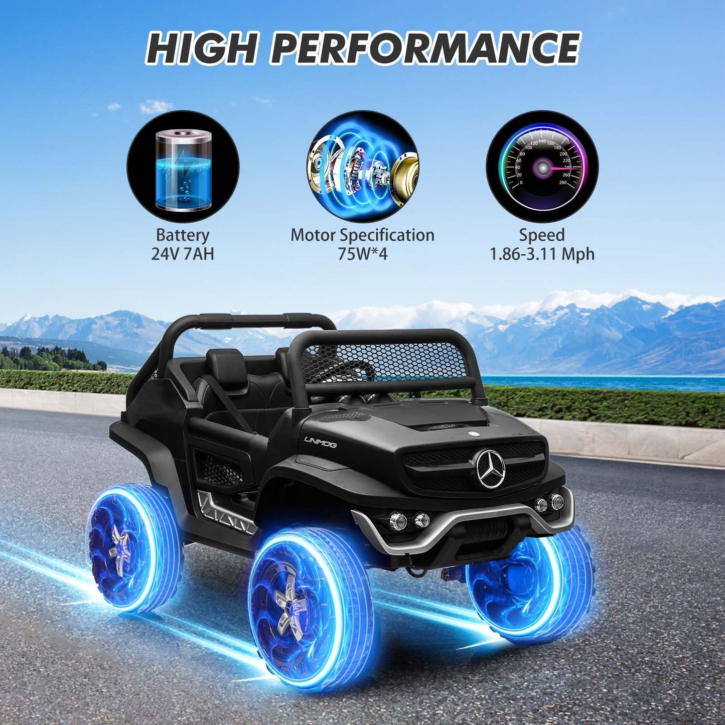 Garvee Ride - P Series: 2 Seater Kids Ride On Truck 24V Ride On Toy Licensed Mercedes Benz Battery Powered Electric Vehicle for Toddles With Remote Control, Battery Display, Trunk, Spring Suspension, Led Lights, Music, Black