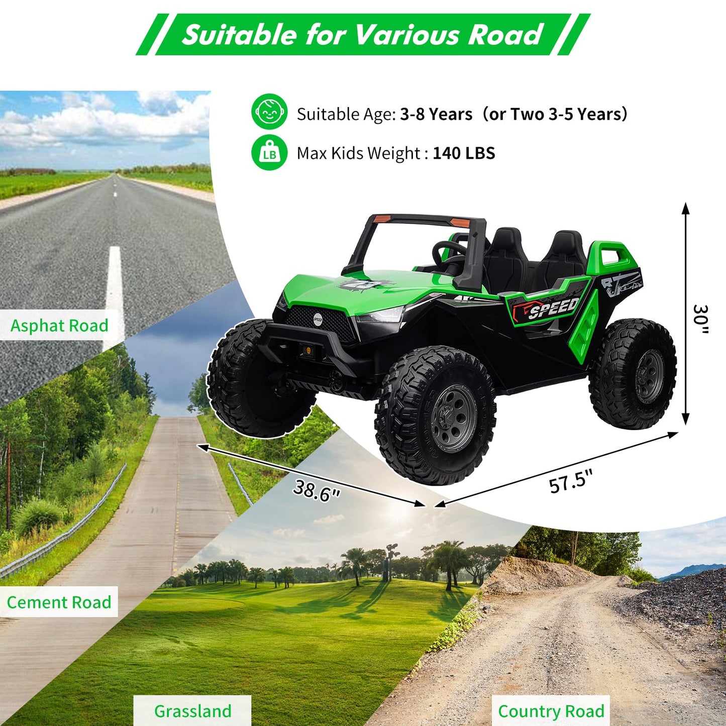 Garvee Ride - P Series: 24V 2-Seater Ride-On UTV: Remote Control, 4WD Motors, 21" Seats + Foldable Seat, 15.4" EVA Wheels, Music, LED Lights, 140lb Max Load - Green