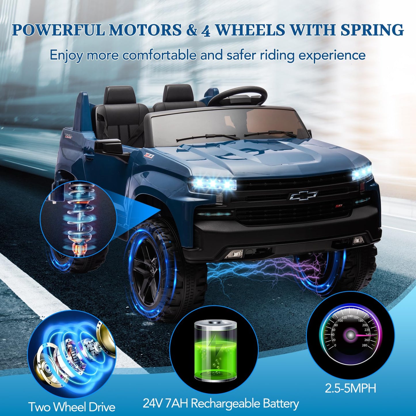 Garvee Ride - P Series: 24V 2-Seater Ride On Car For Kids For 3 - 8 years, Licensed Chevrolet Silverado - Blue
