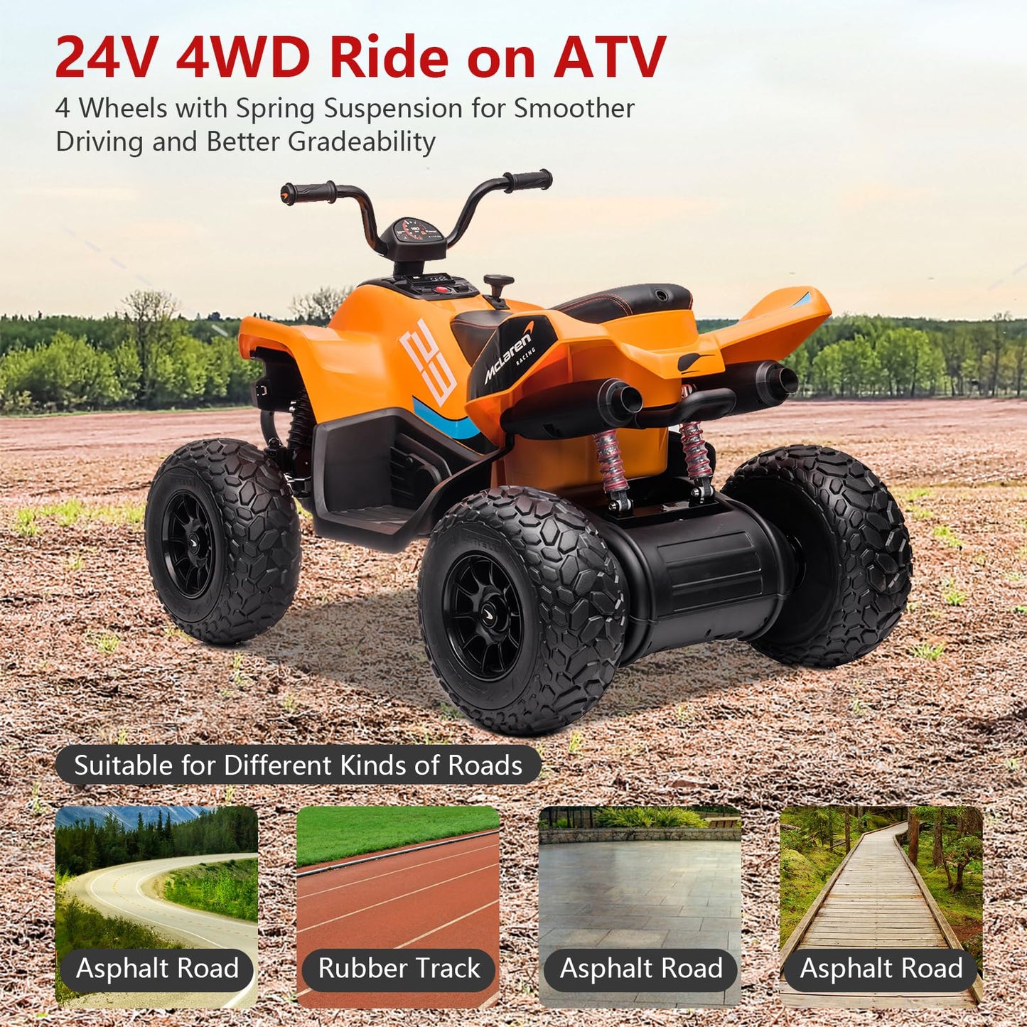 Garvee Ride - P Series: 24V Battery Powered Kids Electric Vehicle, 4 Wheeler Quad w/Headlights,MP3,USB,Volume Control, Large Seat, Electric Ride on Toys Best Gifts for 18-36 Months Boys and Girls (Orange)