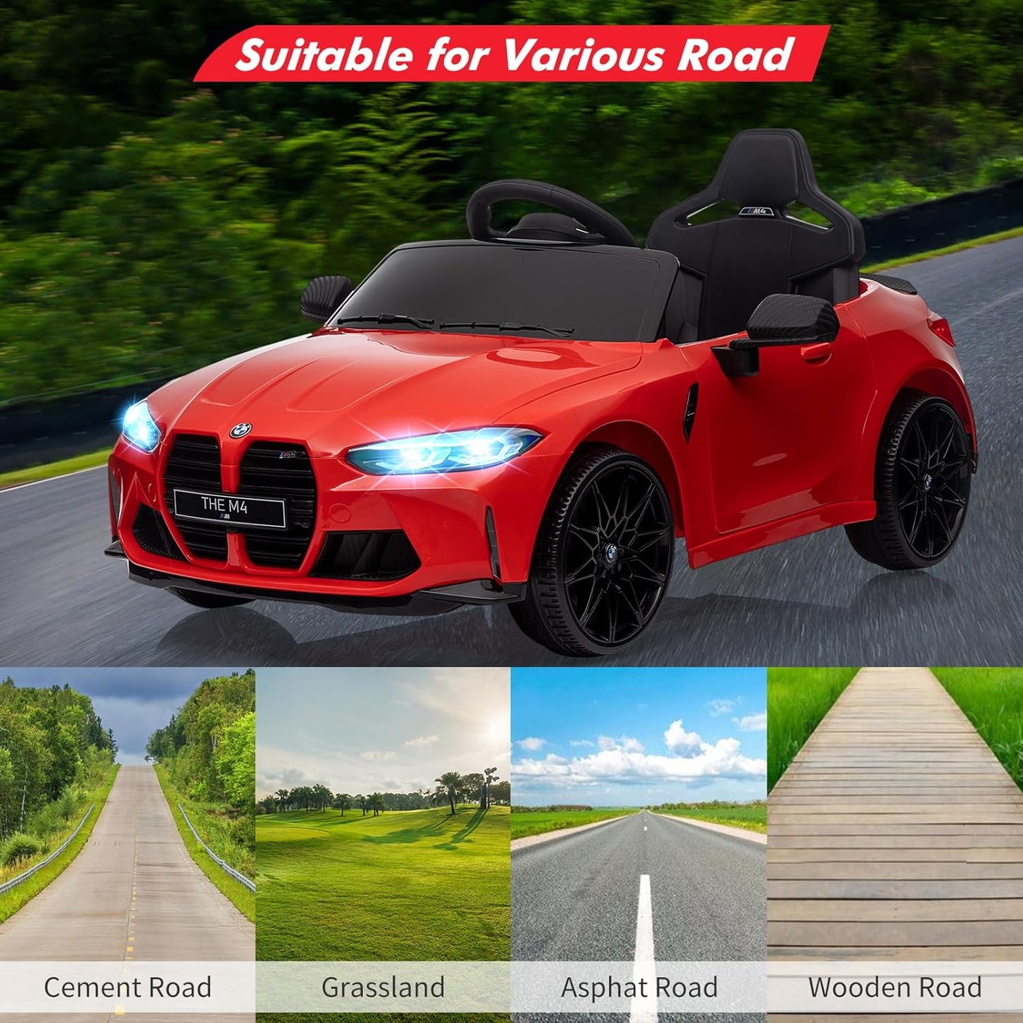 Garvee Ride - P Series: 12V Electric Ride On Car for 37-83 Months, w/RC,Licensed by BMW M4,Power Wheels for Boys Girls, with Suspension System,3 Speeds, Bluetooth, MP3, Double Door, LED Light - Red