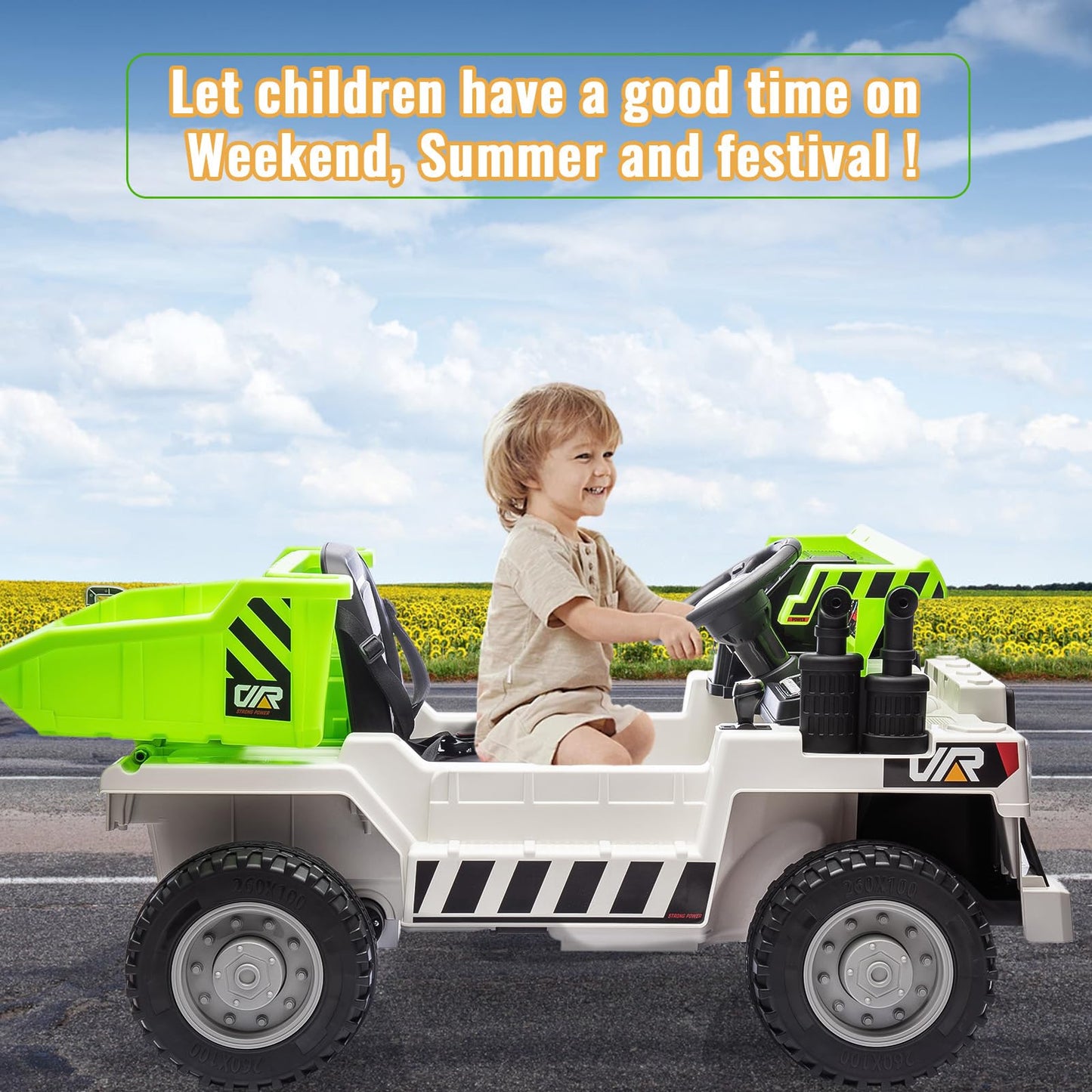 Garvee Ride - P Series: 4WD Ride On Car with Dump Truck, Electric Car for Kids with Remote Control, Toddler Car with Electric Dump Bed & Shovel, 2 Speeds,