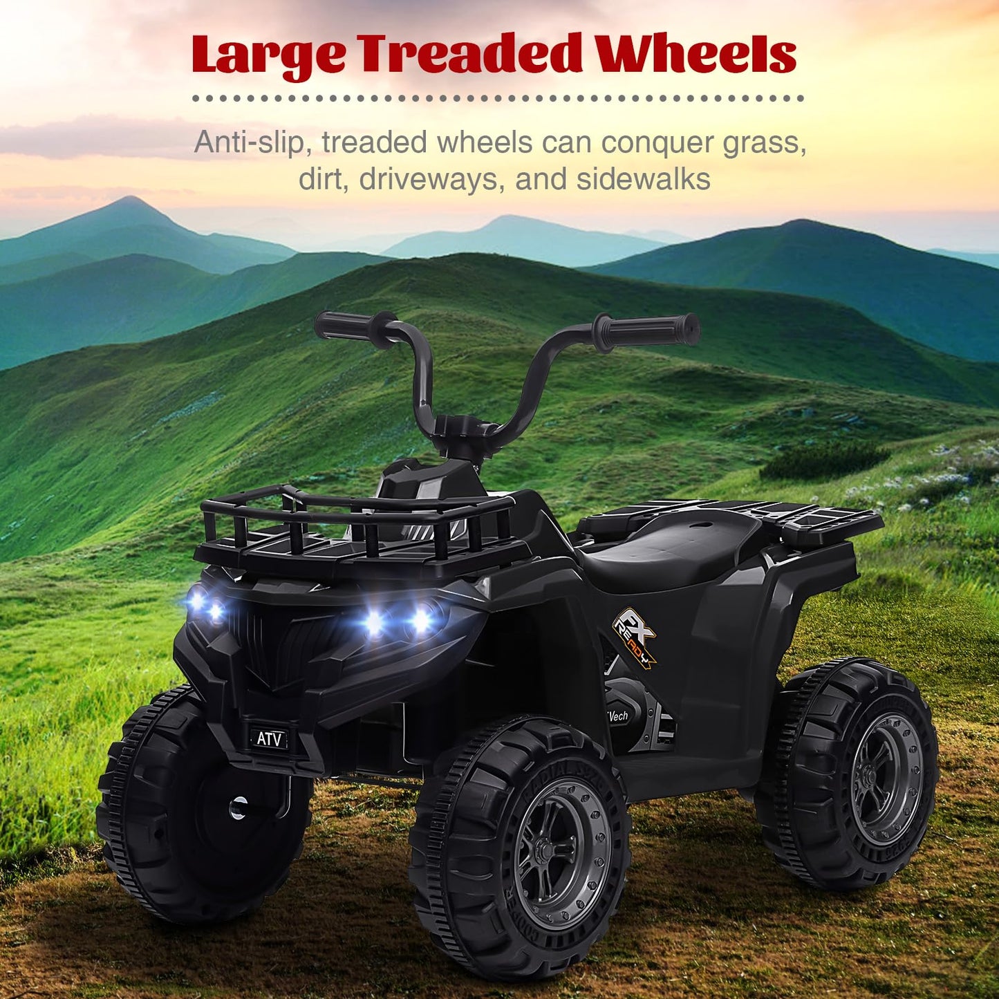 Garvee Ride - P Series: 12V Kids Ride On Electric Quad ATV, Ride Car Toy with Bluetooth Audio, High/Low Speed, LED Headlights, Battery Indicator & Radio Orange - Black