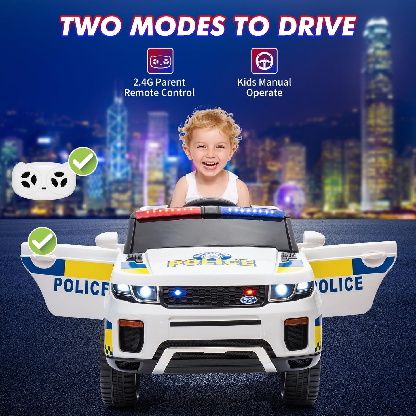 Garvee Ride - P Series: 12V Kids Ride On Police Car SUV Battery Operated Ride On Toy Toddlers Electric Cars with 2.4G Remote Control, LED Flashing Light, Megaphone, Spring Suspension, Handle, Music, White