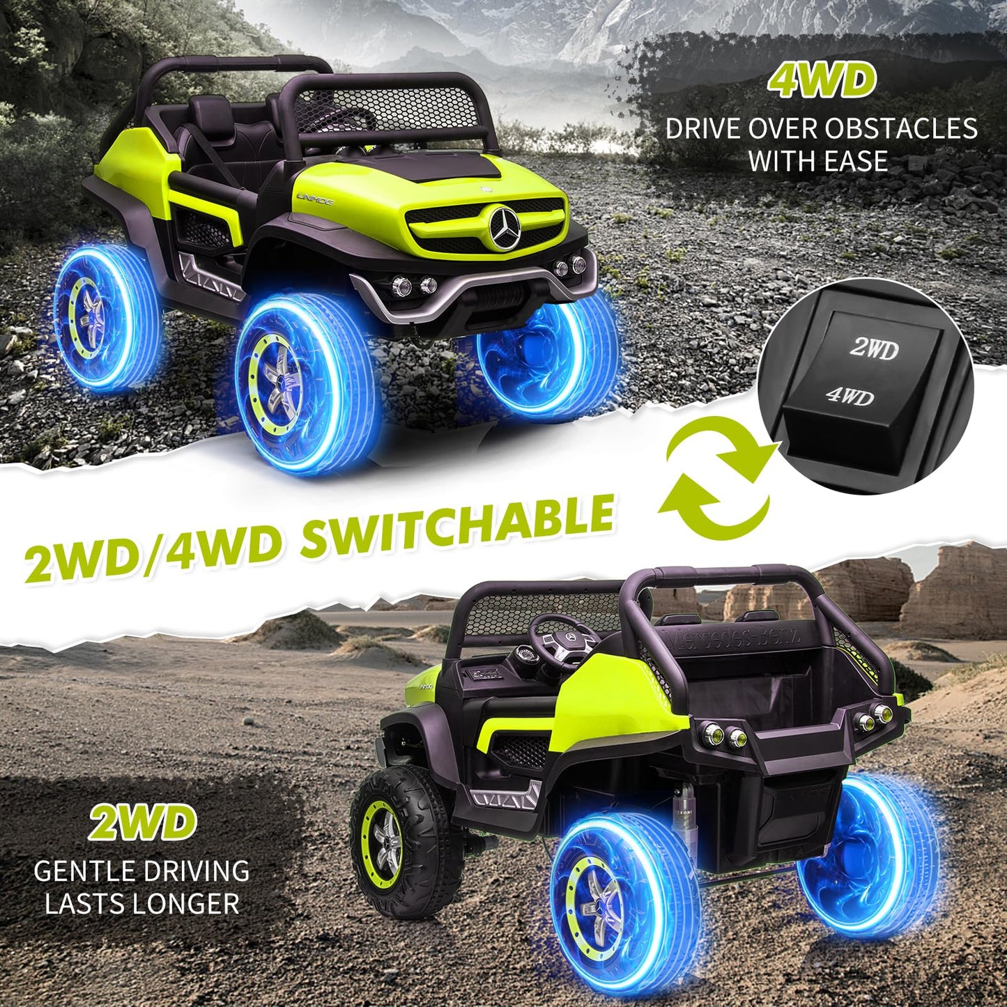 Garvee Ride - P Series: 2 Seater Kids Ride On Truck 24V Ride On Toy Licensed Mercedes Benz Battery Powered Electric Vehicle for Toddles With Remote Control, Battery Display, Trunk, Spring Suspension, Led Lights, Music, Green