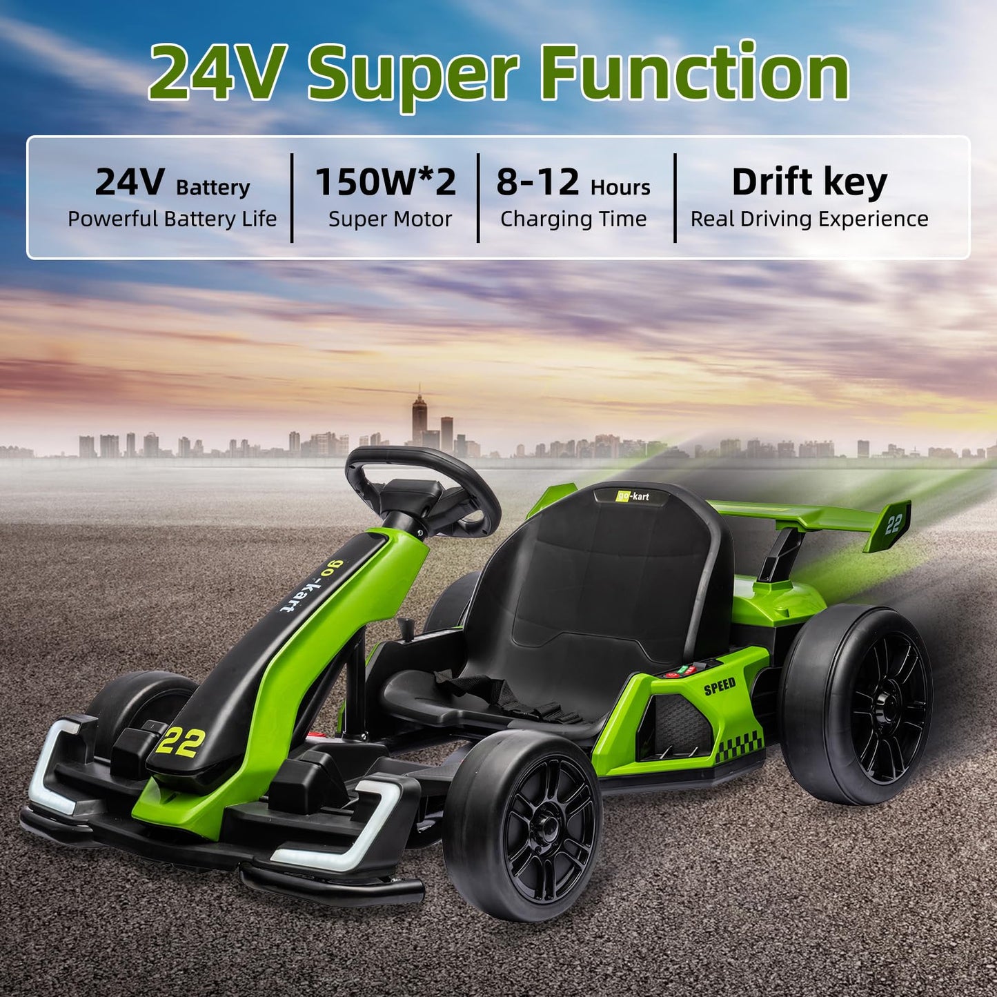 Garvee Ride - G Series: 24V Electric Go Kart, with 300W Strong Motor, Drift/Sport Mode, Big Battery, Eva Tire,Length Adjustment for Outdoor Racing Toy-Green