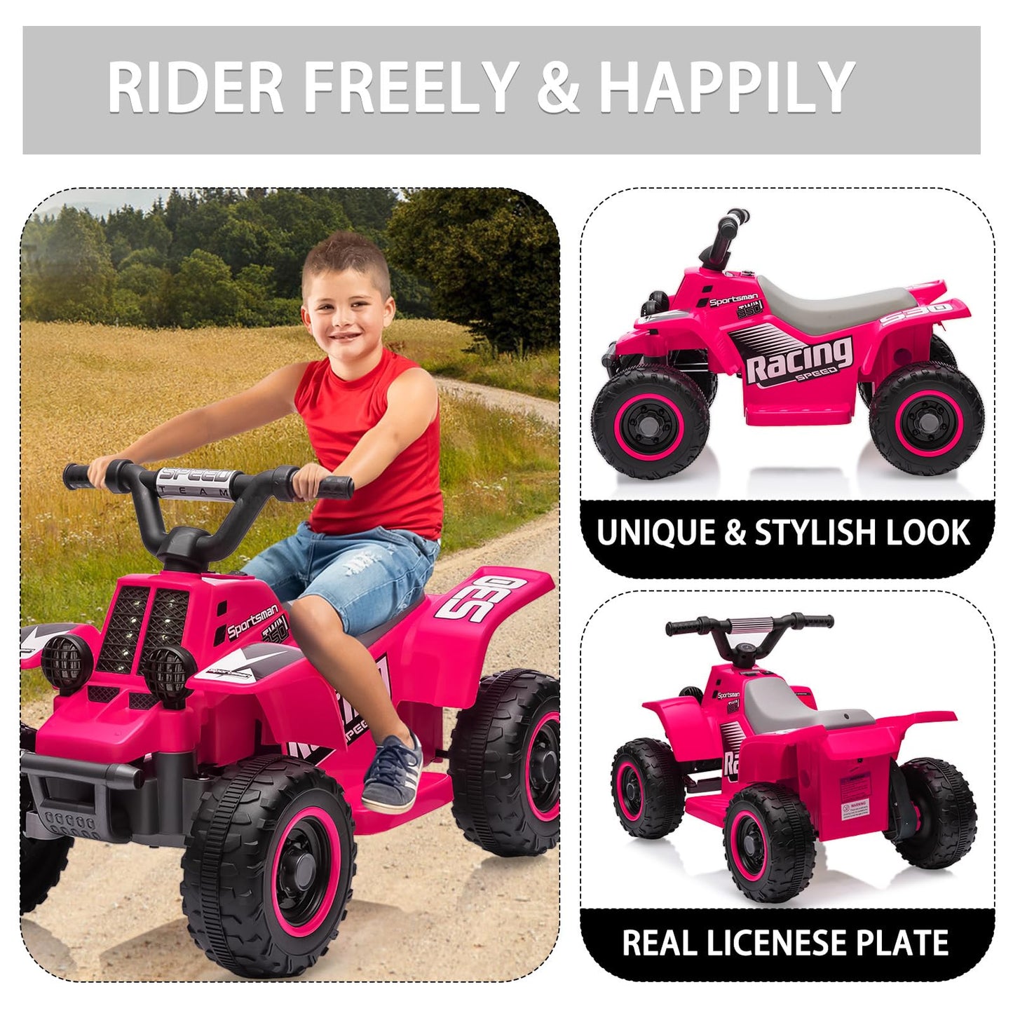 Garvee Ride - P Series: 6V Kids Ride On Electric ATV, Ride Car with LED Headlights, Ride-On Toy for Toddlers 1-3 Boys & Girls with Music, Forward & Reverse - Rose