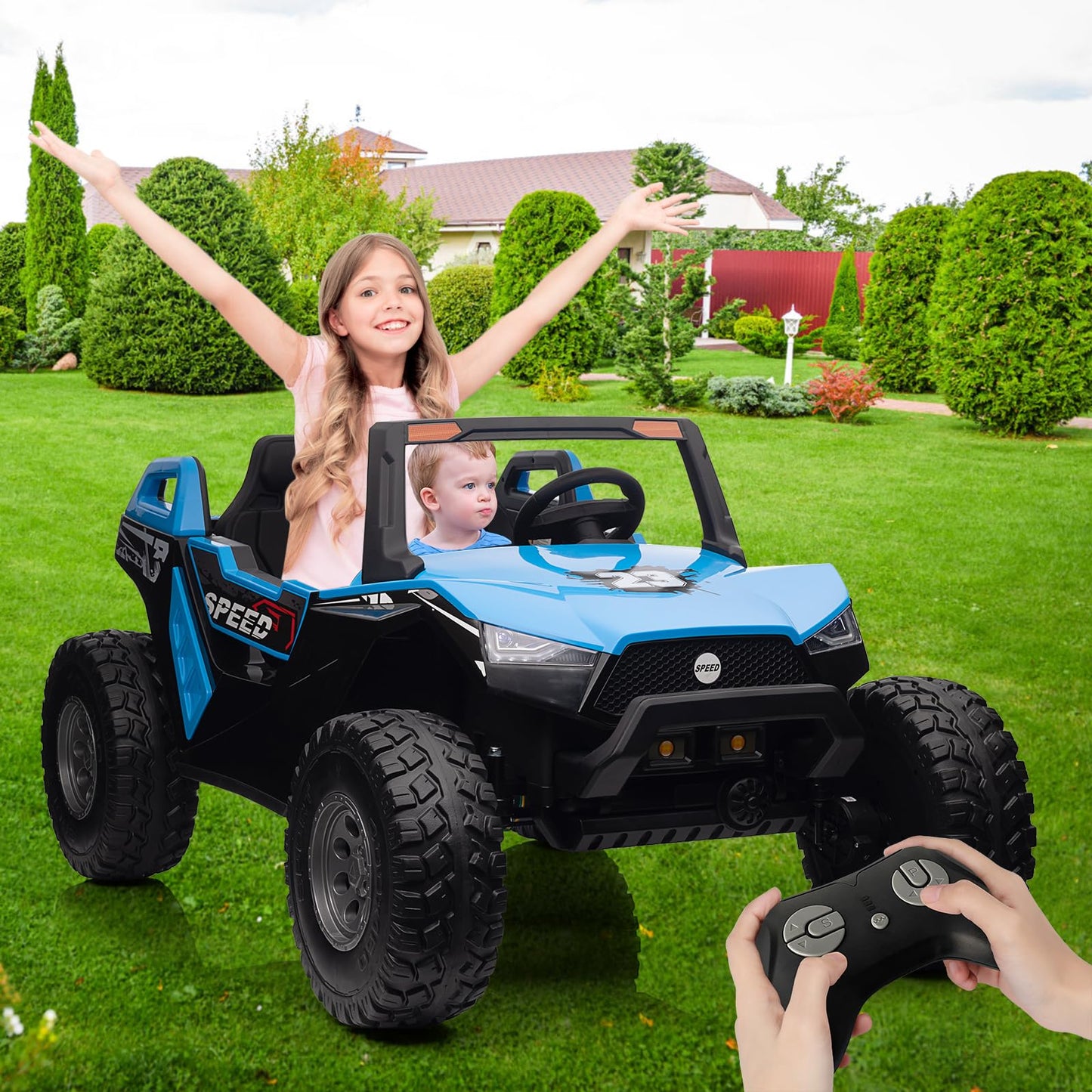 Garvee Ride - P Series: 24V 2-Seater Ride-On UTV: Remote Control, 4WD Motors, 21" Seats + Foldable Seat, 15.4" EVA Wheels, Music, LED Lights, 140lb Max Load - Blue