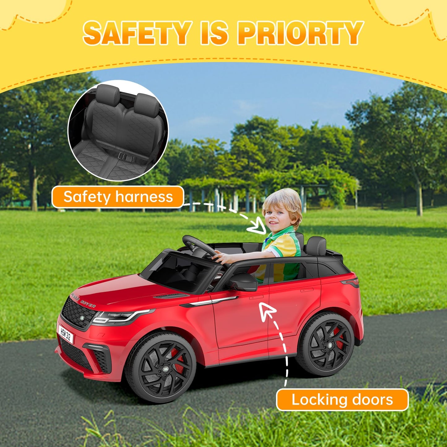 Garvee Ride - P Series: 3-8, 12V Licensed Land Rover Ride Electric Car for Kids with Parent Remote Control, MP3 Player, Rocking, Pull Rod - Red