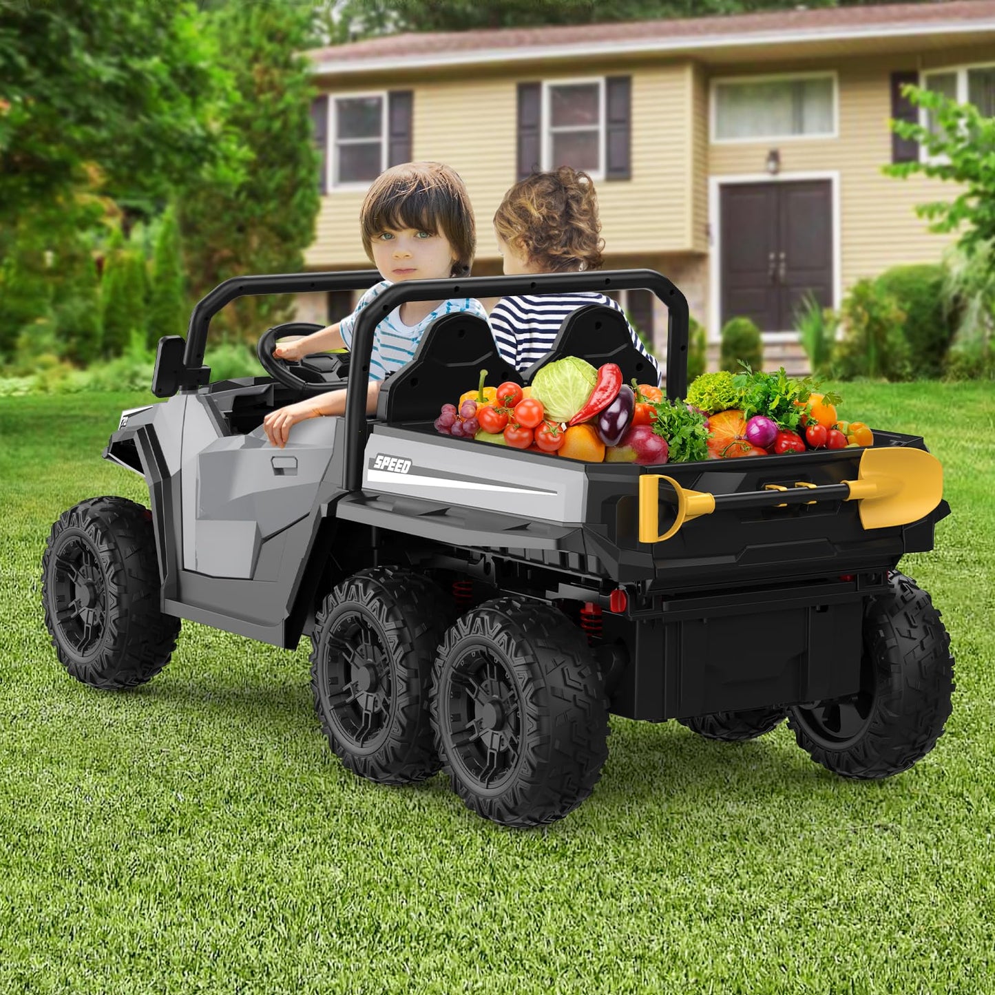 Garvee Ride - P Series: 24V 4WD Electric Ride On Dump Truck with Remote Control, 2-Seater, Music Player, LED Lights, Key Start Safety System, Durable Plastic, Off-Road Kids Toy for Ages 3+ - Grey