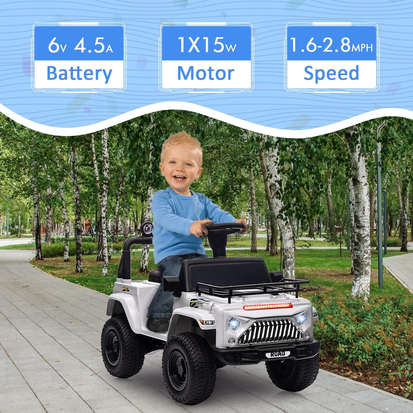Garvee Ride - P Series: 6V Ride On Car for Toddlers - Battery Powered Electric Car with Music, LED Light, FM, Horn, Rear Storage, 4 Wheels - White