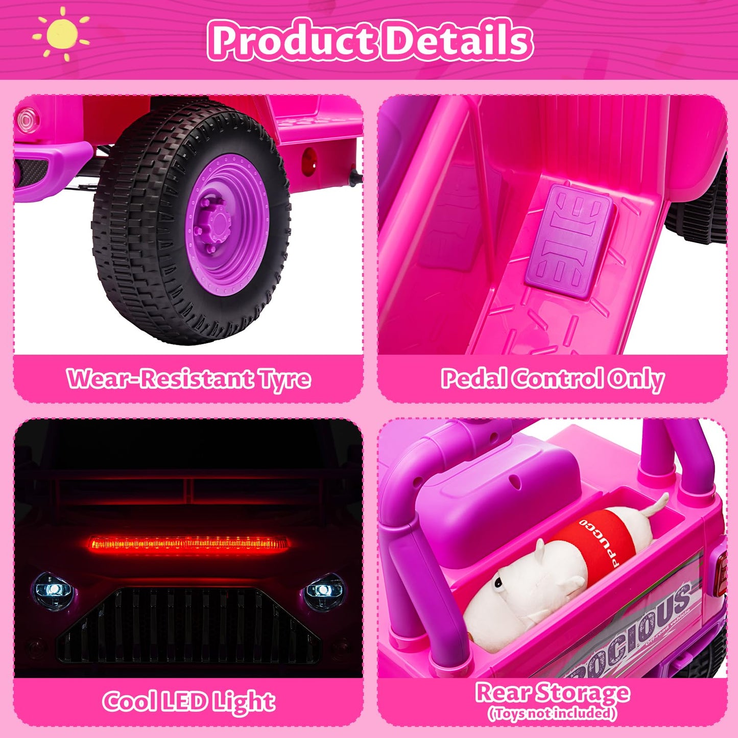 Garvee Ride - P Series: 6V Ride On Car for Toddlers - Battery Powered Electric Car with Music, LED Light, FM, Horn, Rear Storage, 4 Wheels - Pink
