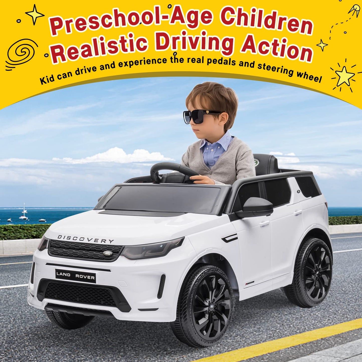 Garvee Ride - P Series: 12V Land Rover mini Kids Ride-On Car: Remote Control, LED Lights, Bluetooth, Music, Radio, Battery Powered, for Ages 3-8 - White