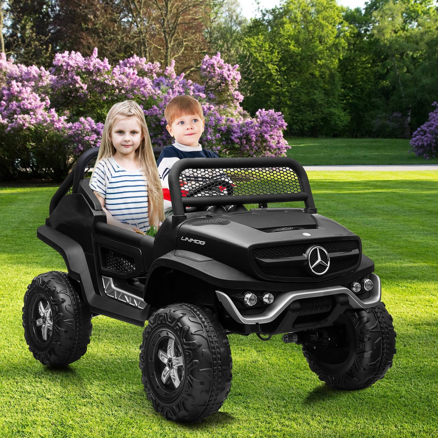 Garvee Ride - P Series: 2 Seater Kids Ride On Truck 24V Ride On Toy Licensed Mercedes Benz Battery Powered Electric Vehicle for Toddles With Remote Control, Battery Display, Trunk, Spring Suspension, Led Lights, Music, Black