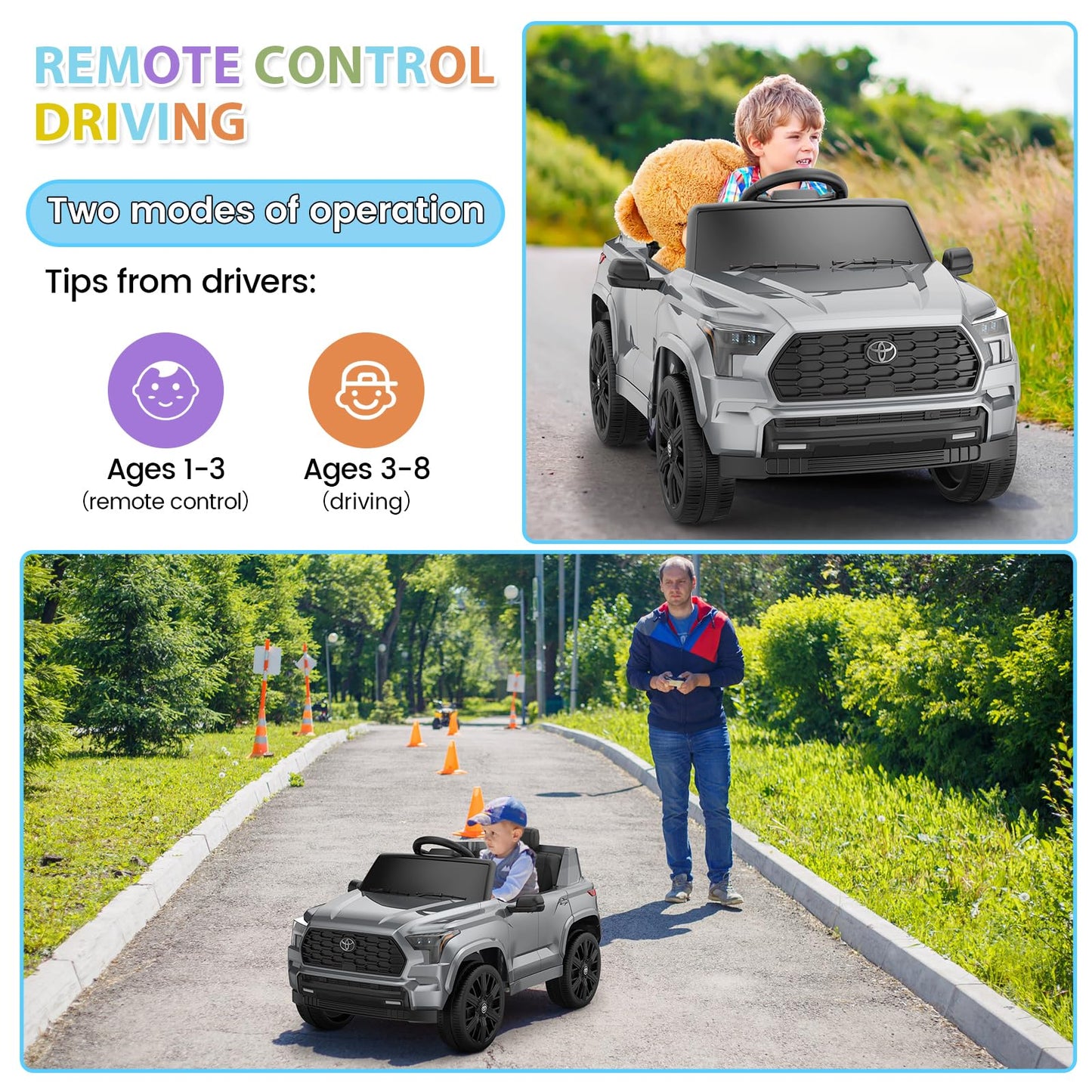 Garvee Ride on Truck Car, 12V Licensed Toyota Electric Cars for Kids, Ride on Toys with Remote Control, Spring Suspension, LED Lights, Bluetooth, 3 Speeds - Grey
