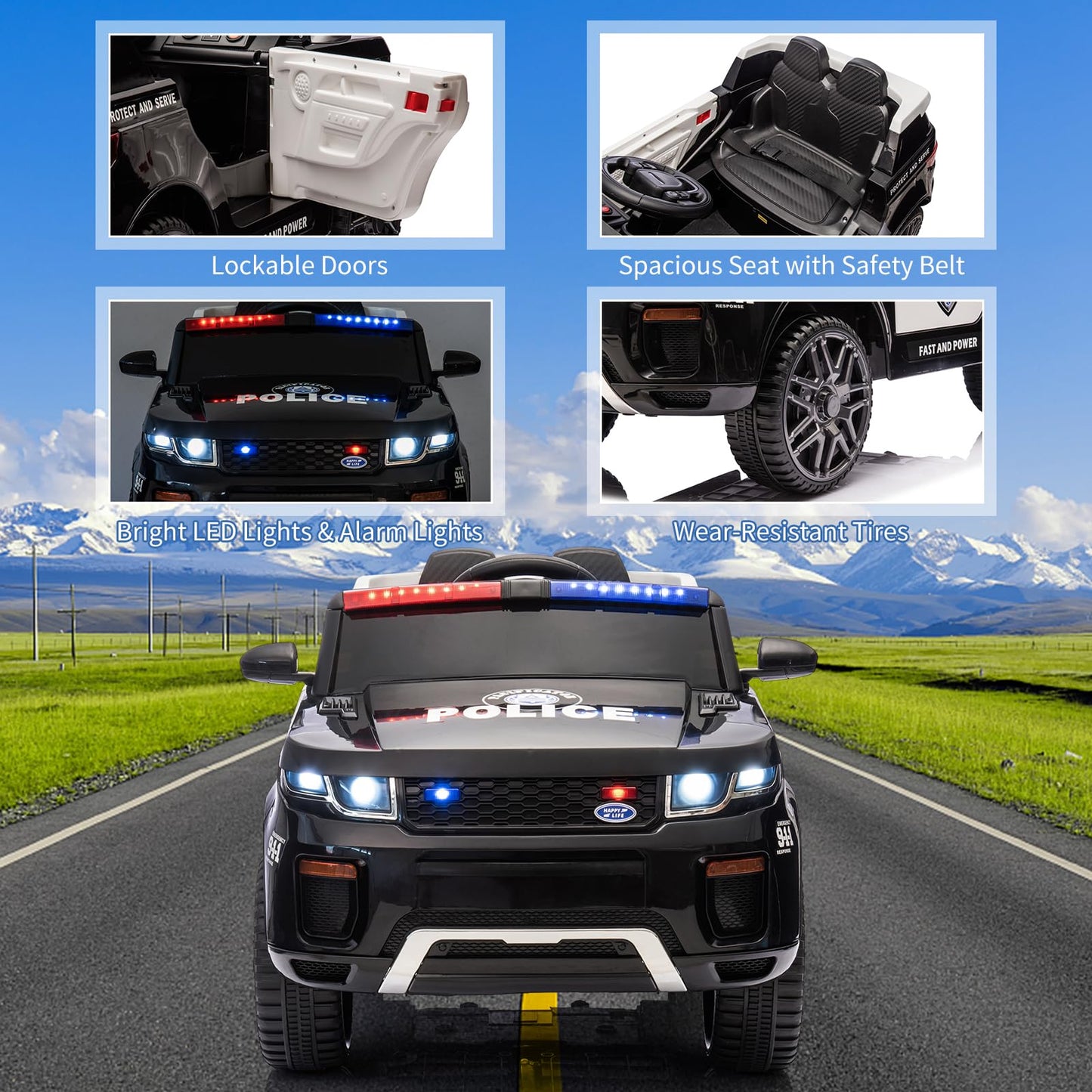 Garvee Ride - P Series: 12V Kids Ride On Police Car Suv Battery Operated Ride On Toy Toddlers Electric Cars With 2.4G Remote Control, LED Flashing Light, Megaphone, Spring Suspension, Handle, Music, Black