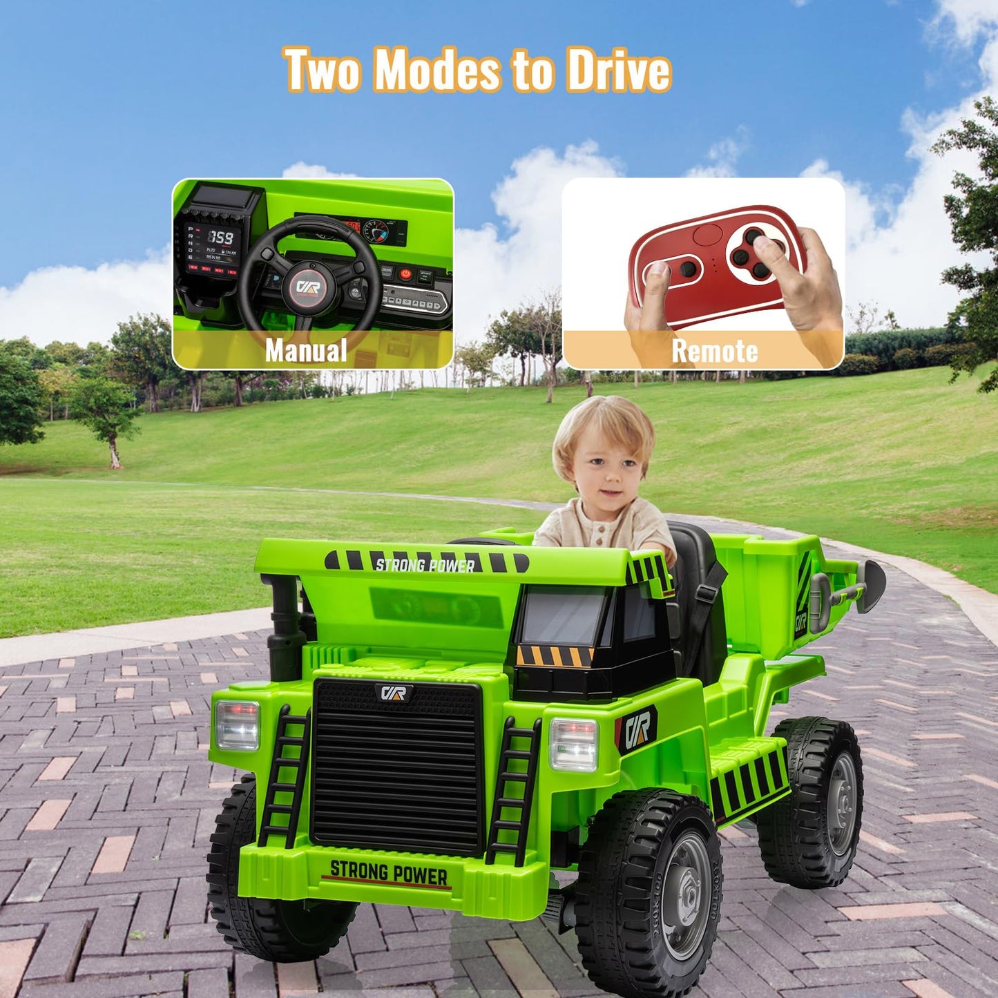 Garvee Ride - P Series: 4WD Ride On Car with Dump Truck, Electric Car for Kids with Remote Control, Toddler Car with Electric Dump Bed & Shovel, 2 Speeds,