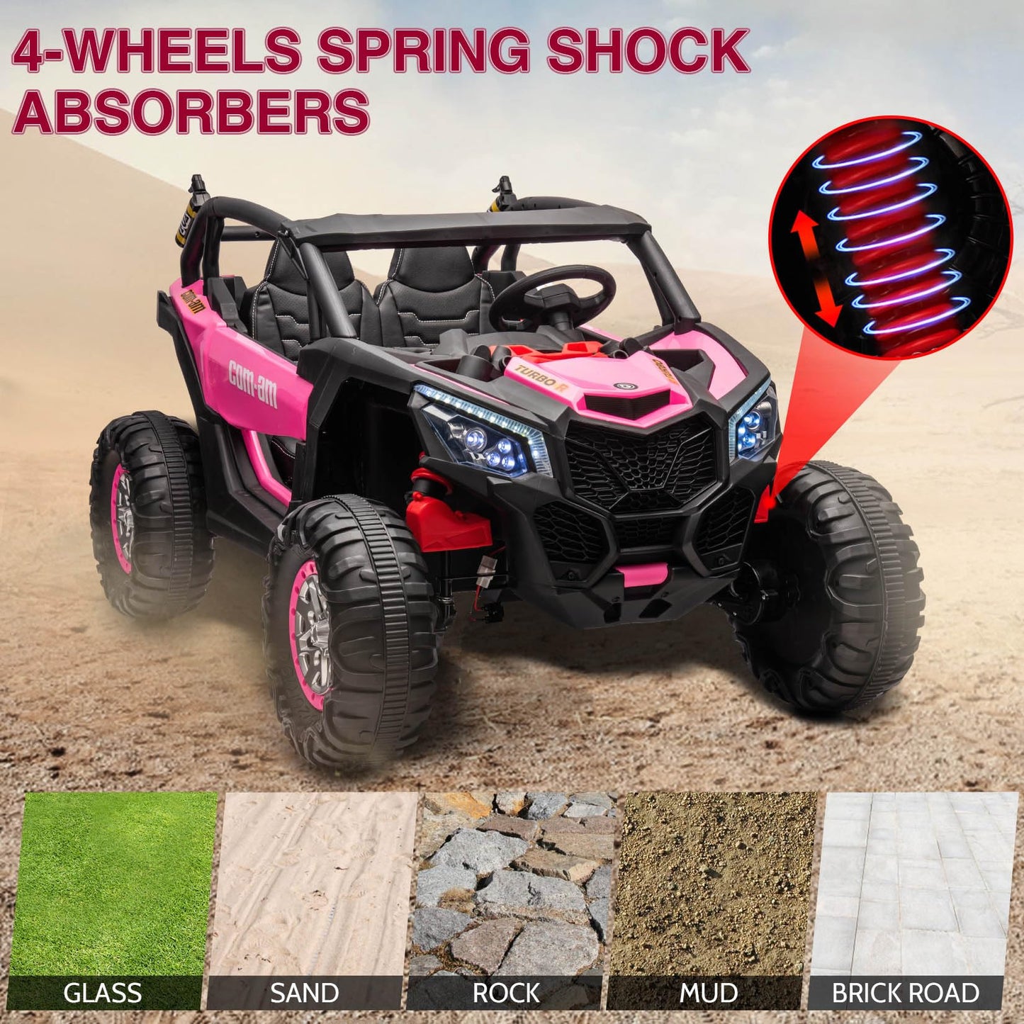 Garvee Ride - P Series: 24V 2 Seater Kids Ride on UTV Car For age 3+, w/Remote Control, 4WD Powerful Electric Vehicle with 4x75W Motors, 4 Shock Absorber, Leather Seat, Music and Light - Pink