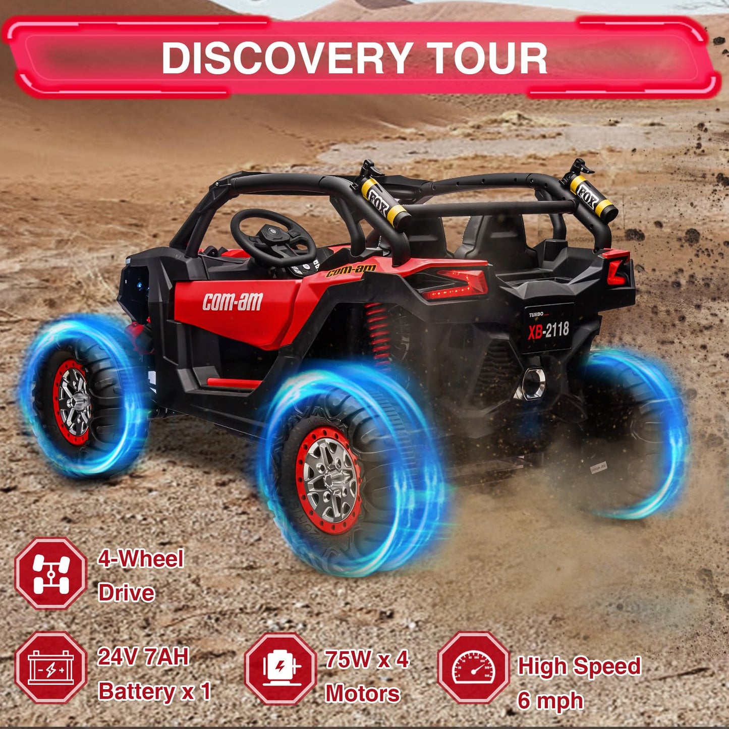 Garvee Ride - P Series: 24V 2 Seater Kids Ride on UTV Car For age 3+, w/Remote Control, 4WD Powerful Electric Vehicle with 4x75W Motors, 4 Shock Absorber, Leather Seat, Music and Light - Red