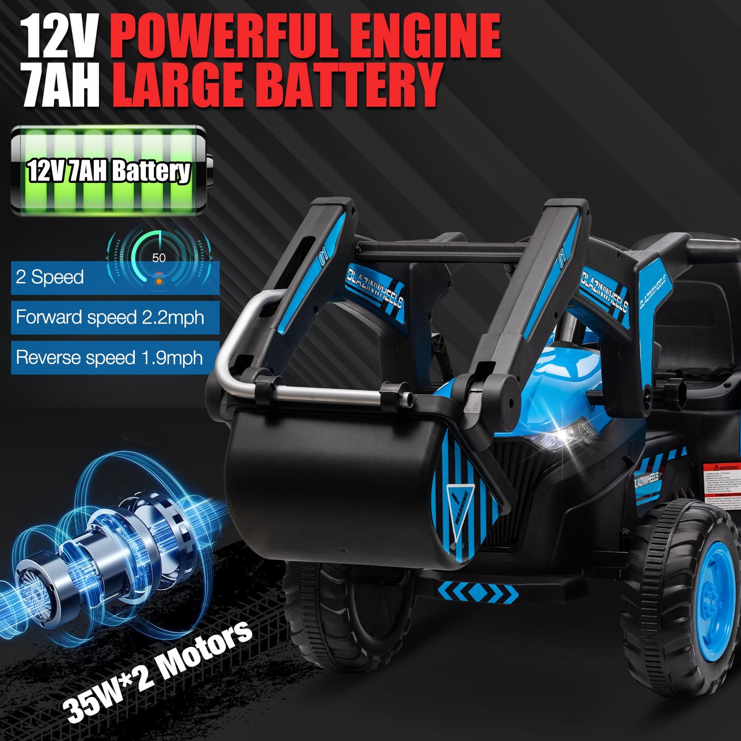 Garvee Ride - P Series: 12V 3 in 1 Ride on Excavator & Tractor with Detachable Trailer, Ride on Car Toy with Remote Control, Digger, LED Lights, Music, Kids Electric Vehicles for Boys Girls, Blue