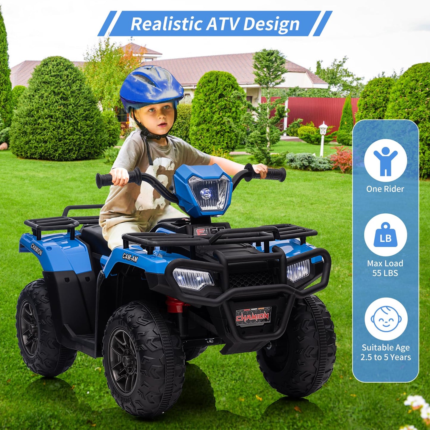 Garvee Ride - P Series: 12V Ride on ATV for Kids, Electric Vehicle for Toddlers,High/Low 2.2mph Safety Speed for Child, Forward/Backward,LED Light, Music,USB for Boys Girls Gift- Blue