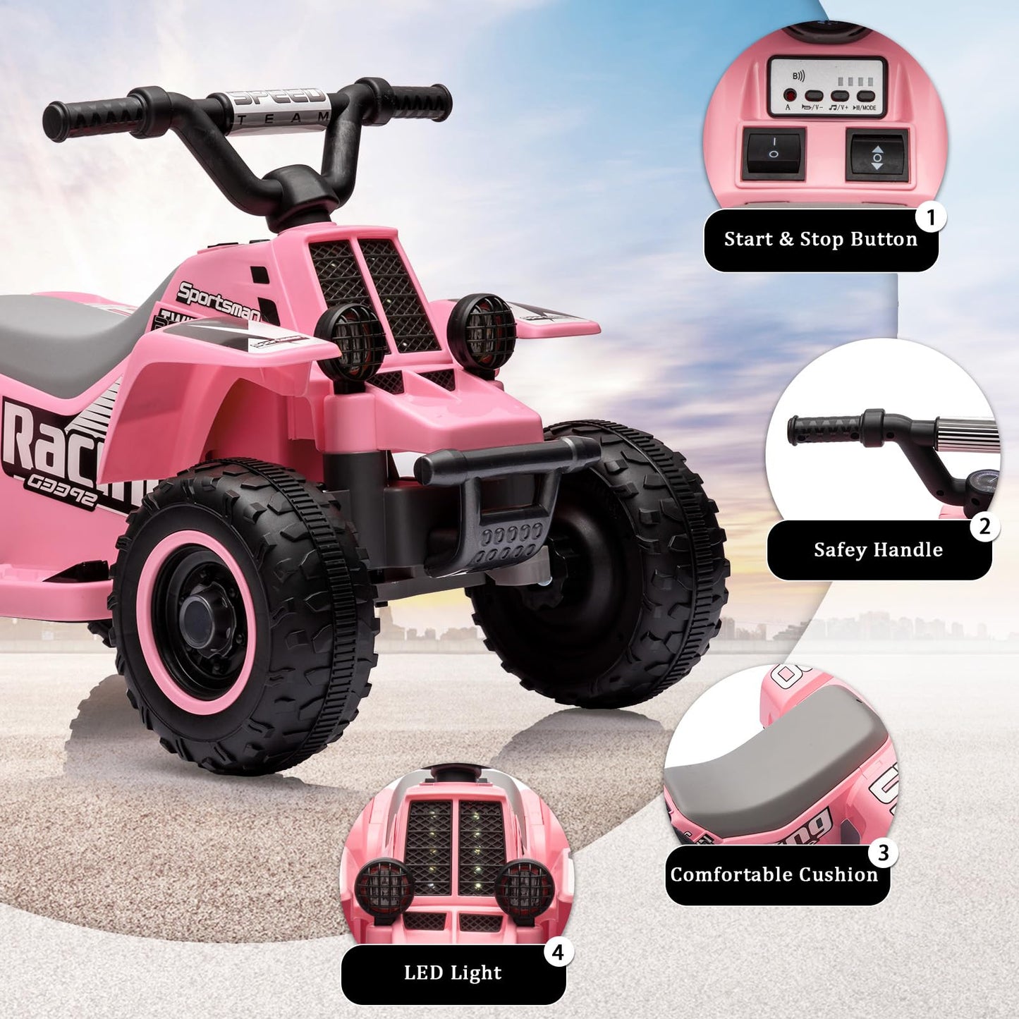 Garvee Ride - P Series: 6V Kids Ride On Electric Quad ATV, Ride Car with LED Headlights, Ride-On Toy for Toddlers 1-3 Boys & Girls with Music, Forward & Reverse - Pink