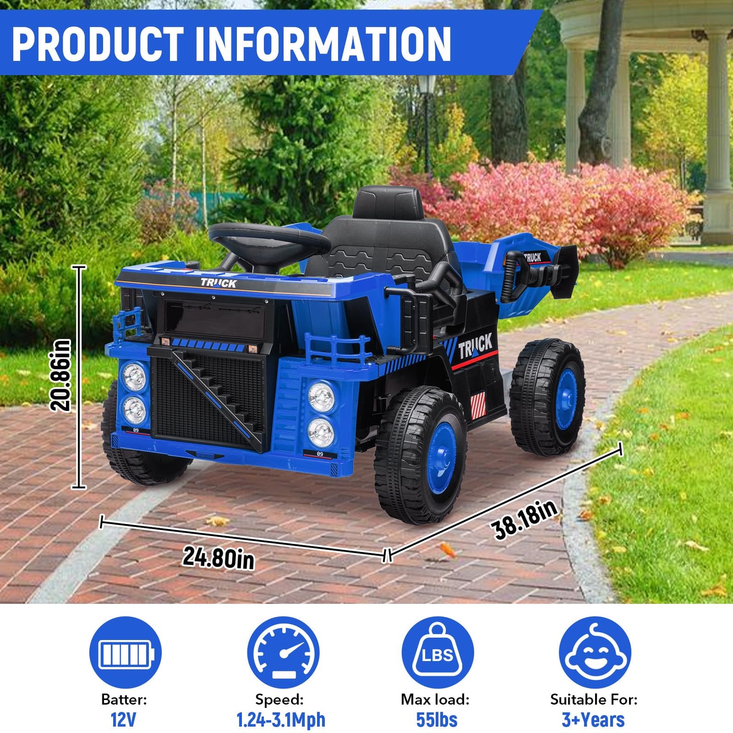 Garvee Ride - P Series: 12V Ride On Construction Vehicle for Kids With Remote Control, Electric Dump Bed,Shovel,Music Player, and Four Wheel Shock Absorption for Kids 3+(Blue)