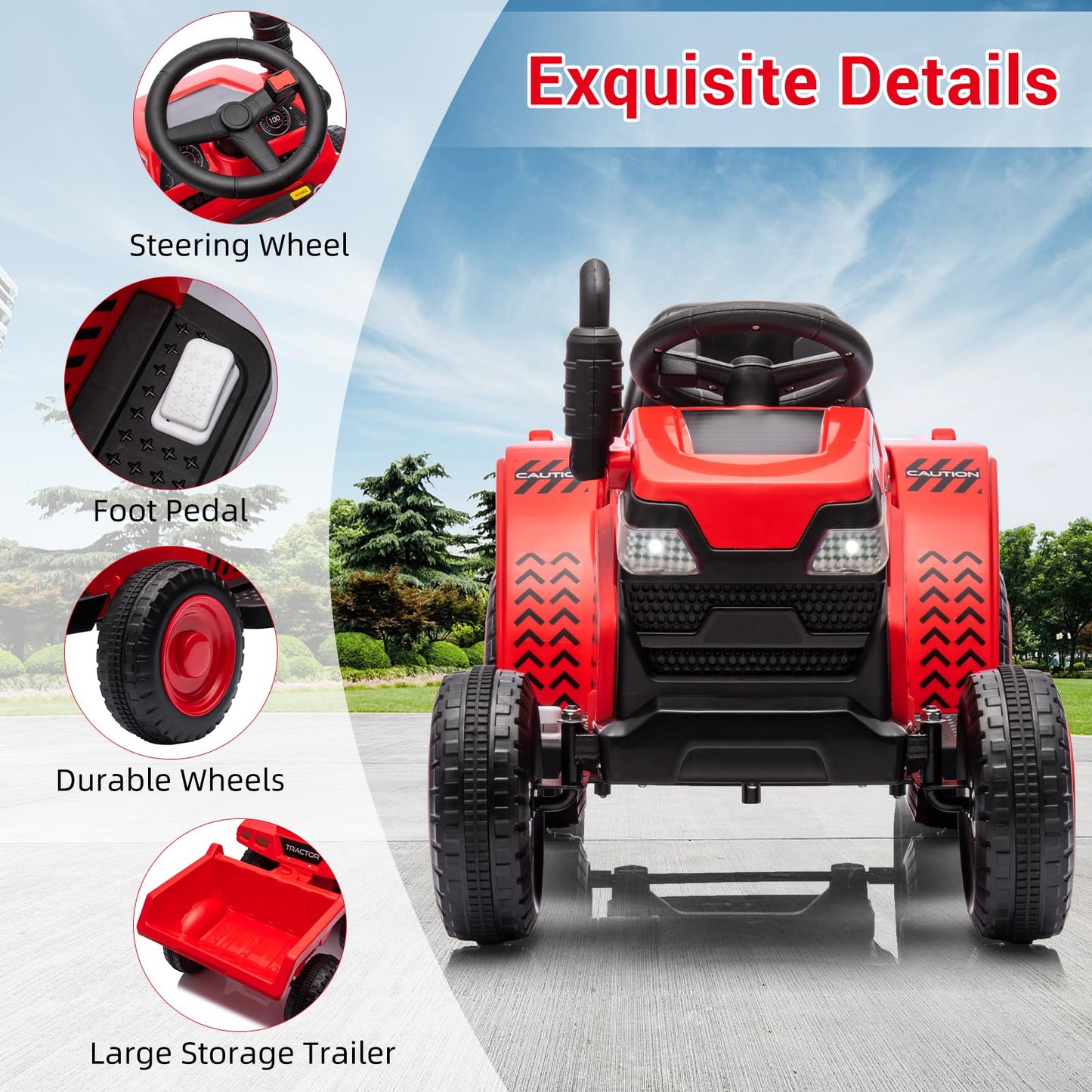 Garvee Ride - P Series: Kids Ride on Tractor with Trailer, Kids’ Electric Vehicles with Wear-Resistant Wheels, LED Headlights, Music & USB Port, Kids Ride on Car Toys for Toddlers Kids, Red