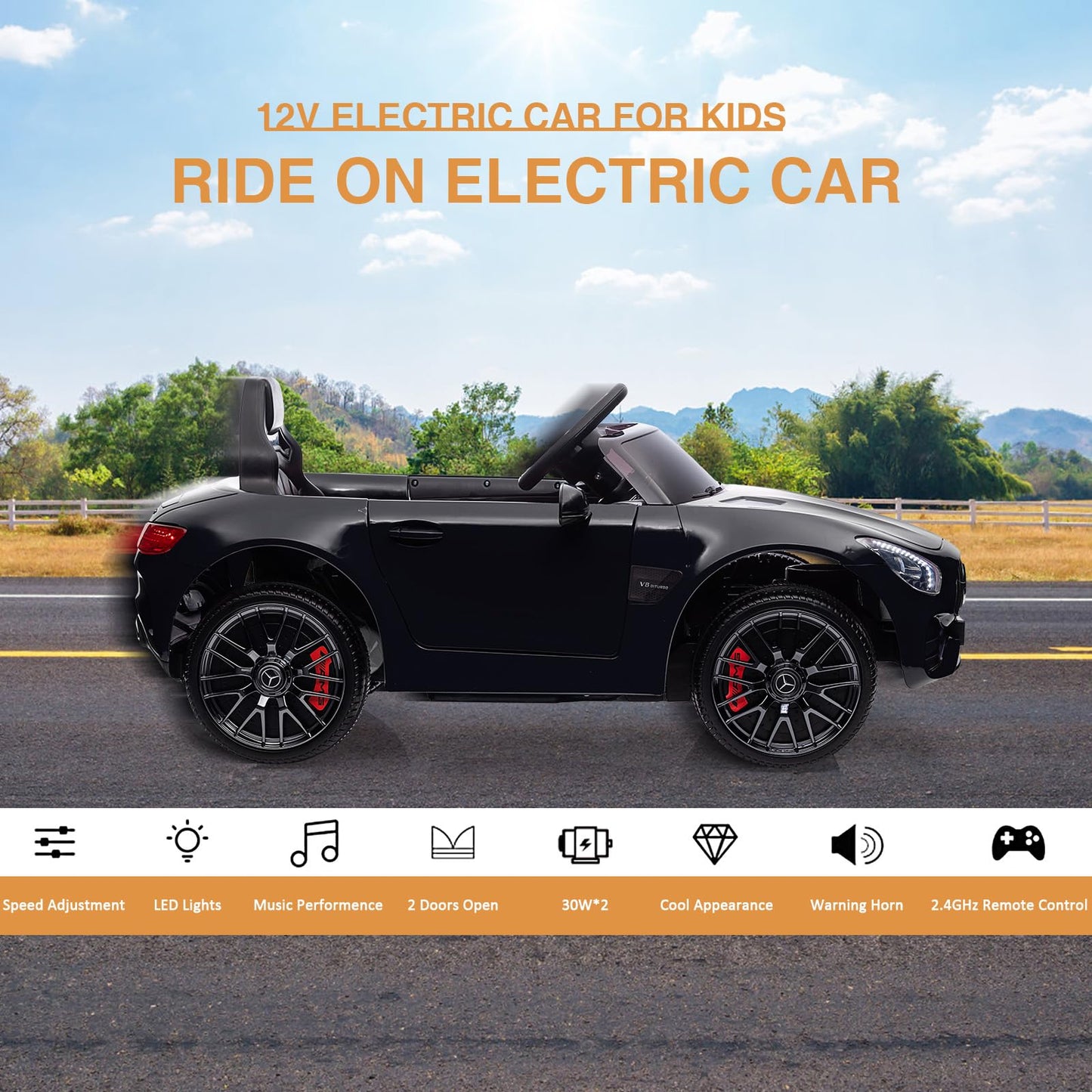 Garvee Ride Car for Kids, 12V Power Battery Electric Vehicles for 3-7 Toddlers, Licensed Mercedes-Benz with Remote Control, MP3 Player - Black
