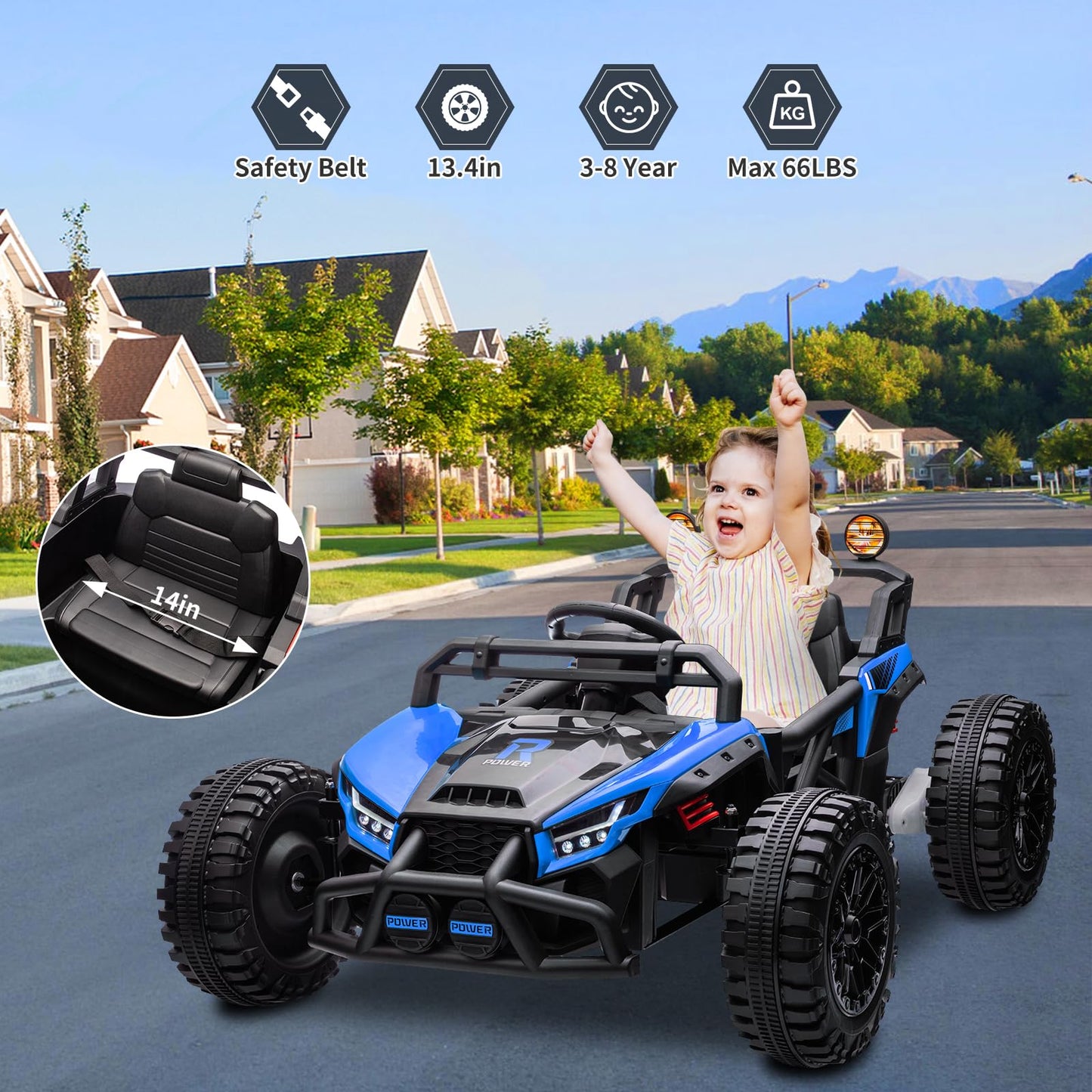 Garvee Ride - P Series: 24V Electric UTV,Ride On Toys for Big Kids,2x130W Powerful Electric Car with Remote Control， 4 Shock Absorbers，LED Lights,Music for Boys and Girls,Blue