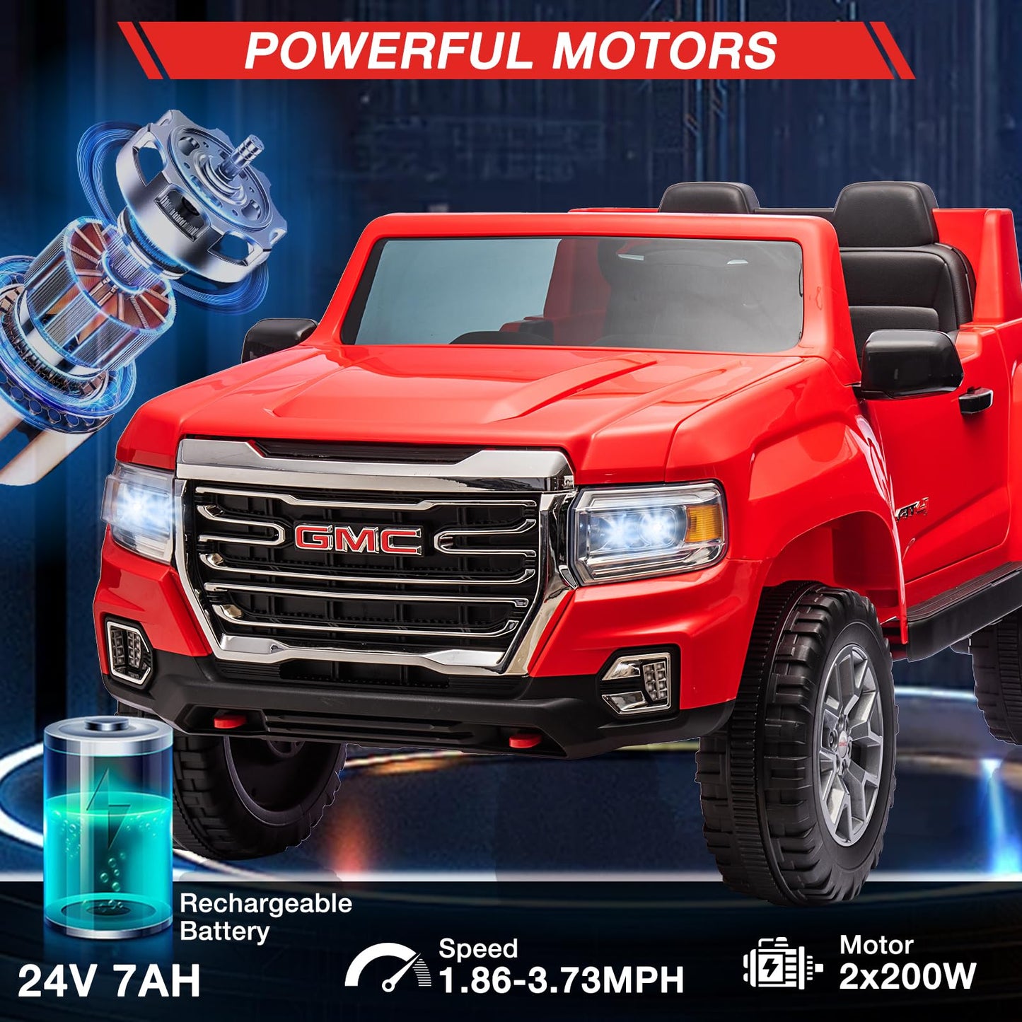 Garvee Ride - P Series: 24V 2-Seater Ride On Truck Car, Licensed GMC Battery Powered Electric Kids Car with Remote Control, LED Lights, MP3, 2 * 200W Motor, 20.5" Large Seat, Ride On Toys for Kids