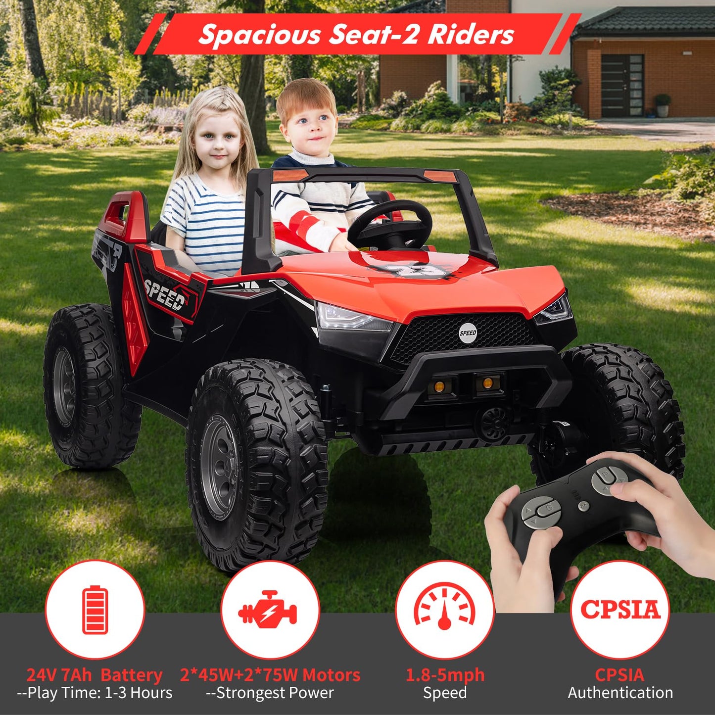 Garvee Ride - P Series: 24V 2-Seater Ride-On UTV: Remote Control, 4WD Motors, 21" Seats + Foldable Seat, 15.4" EVA Wheels, Music, LED Lights, 140lb Max Load - Red