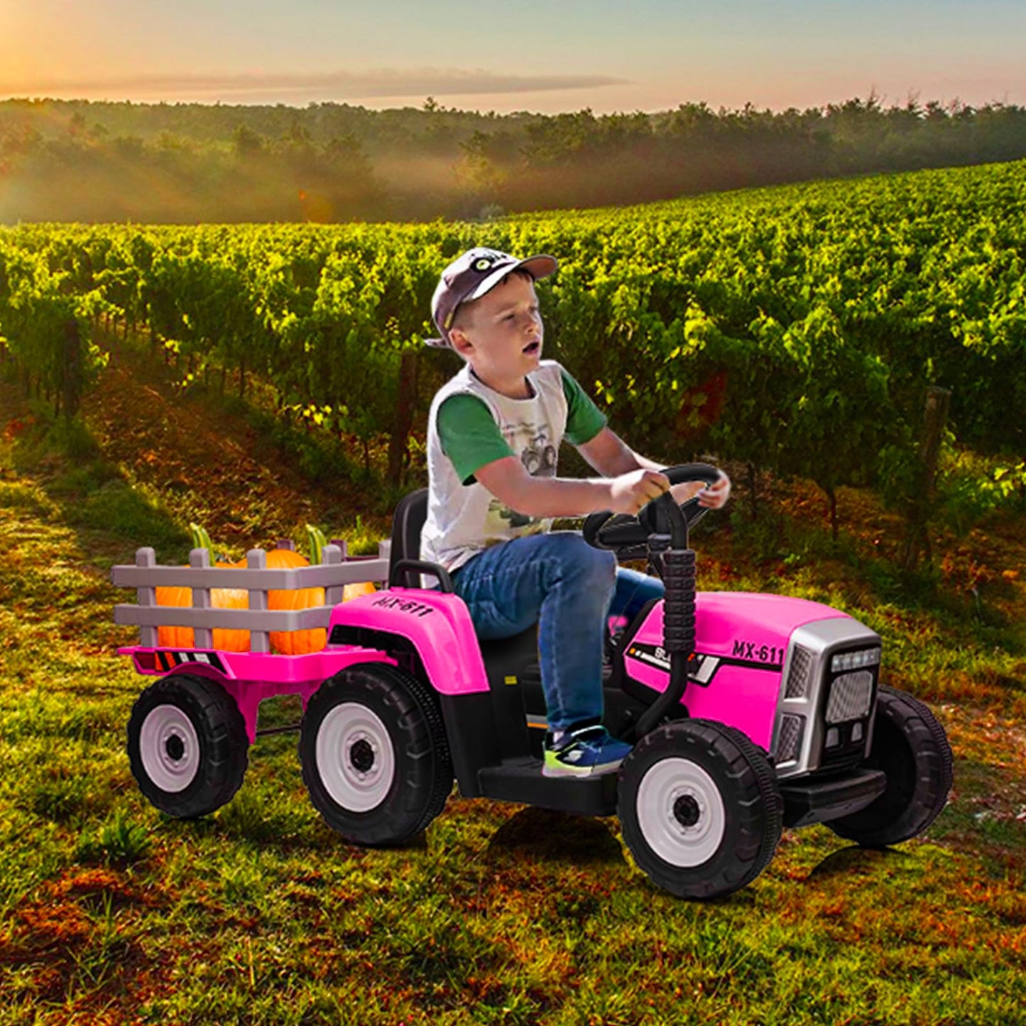 Garvee Ride - P Series: 12V Electric Tractor & Trailer for Kids, 3-6 Yrs - With RC - Rose / 35W