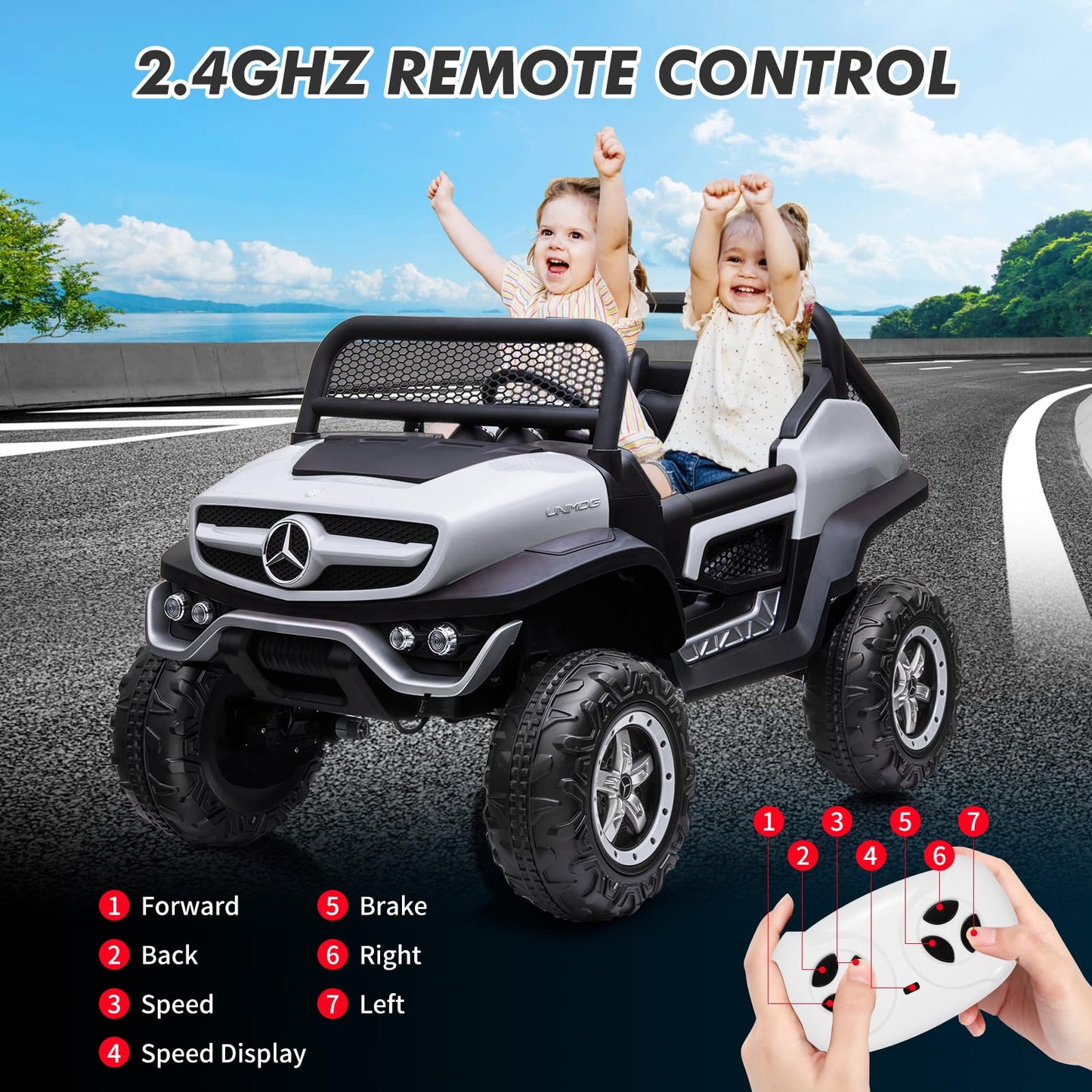 Garvee Ride - P Series: 2 Seater Kids Ride On Truck 24V Ride On Toy Licensed Mercedes Benz Battery Powered Electric Vehicle for Toddles With Remote Control, Battery Display, Trunk, Spring Suspension, LED Lights, Music, White