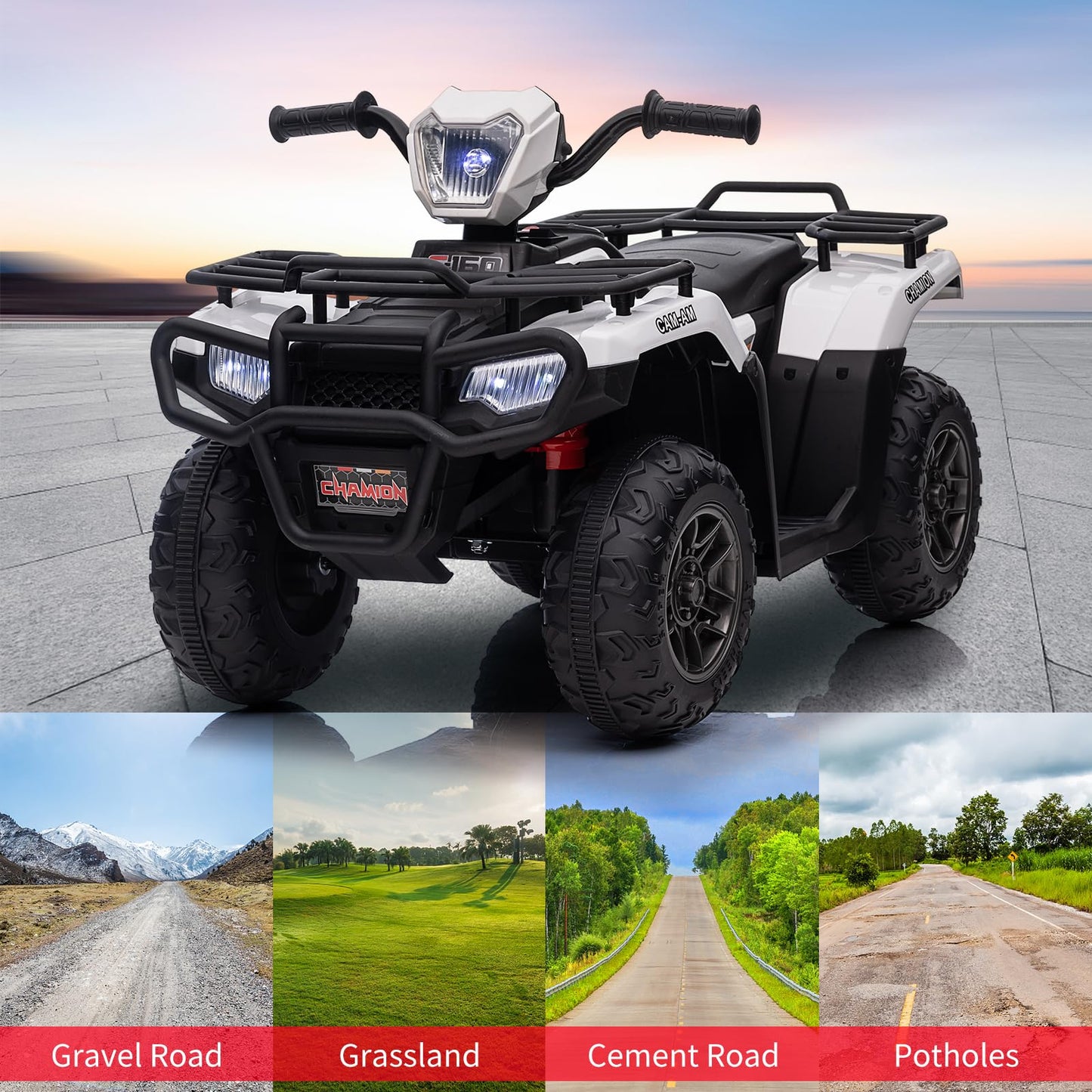 Garvee Ride - P Series: 12V Ride on Quad ATV for Kids, Electric Vehicle for Toddlers, High/Low 2.2mph Safety Speed for Child, Forward/Backward,LED Light, Music,USB for Boys Girls Gift-White
