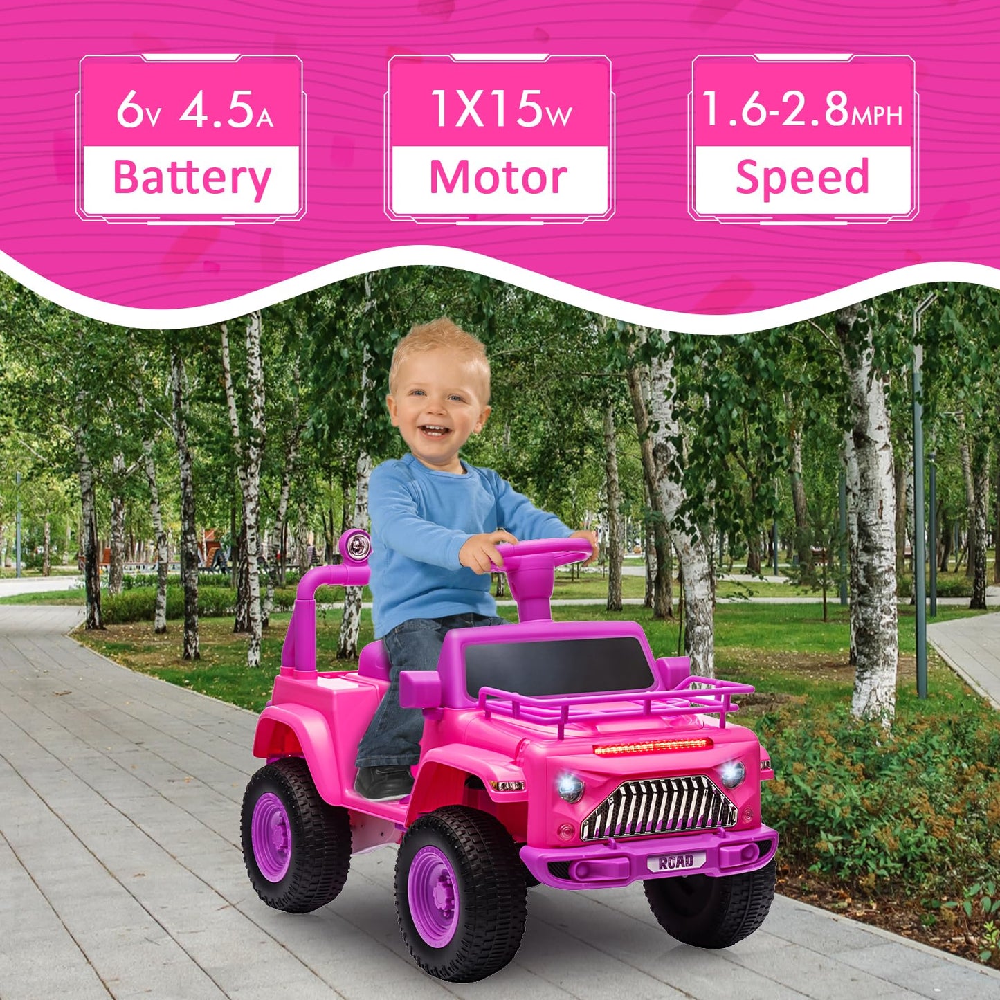 Garvee Ride - P Series: 6V Ride On Car for Toddlers - Battery Powered Electric Car with Music, LED Light, FM, Horn, Rear Storage, 4 Wheels - Pink