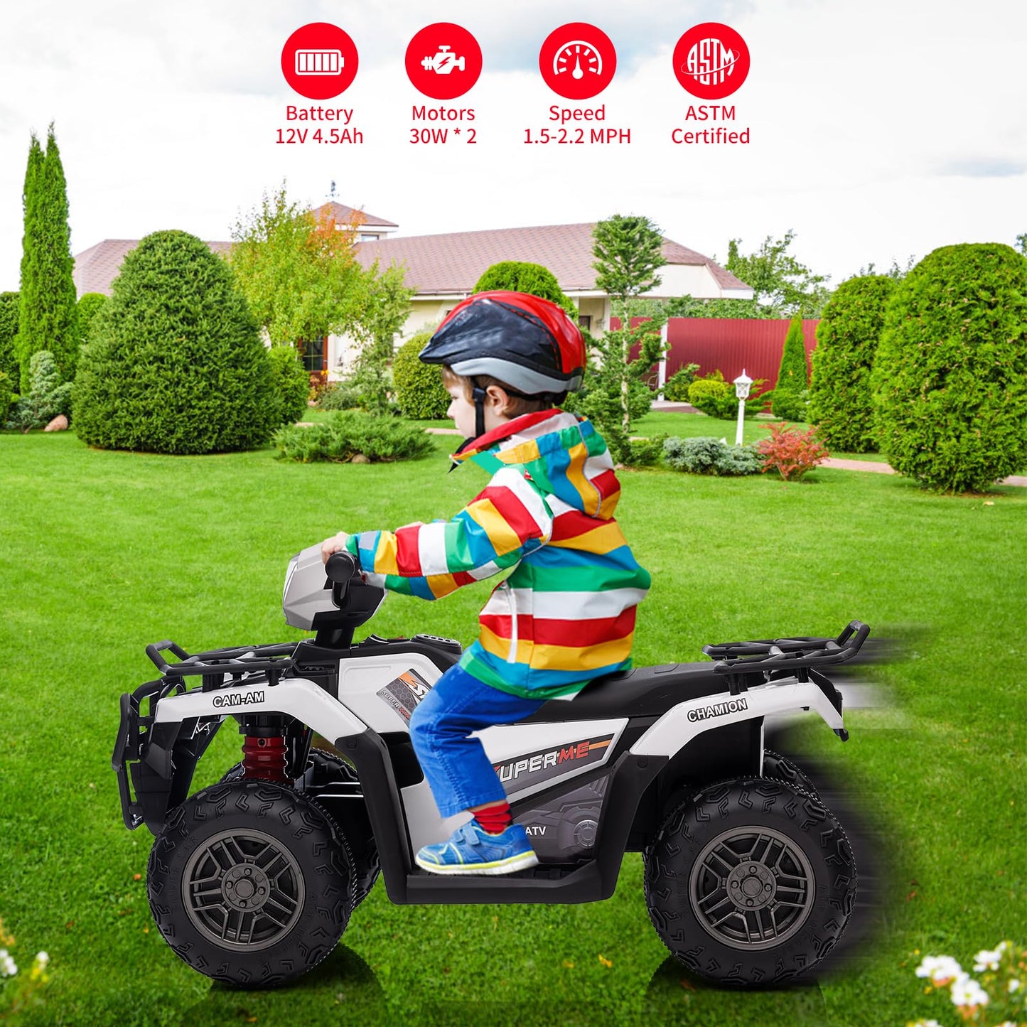 Garvee Ride - P Series: 12V Ride on Quad ATV for Kids, Electric Vehicle for Toddlers, High/Low 2.2mph Safety Speed for Child, Forward/Backward,LED Light, Music,USB for Boys Girls Gift-White