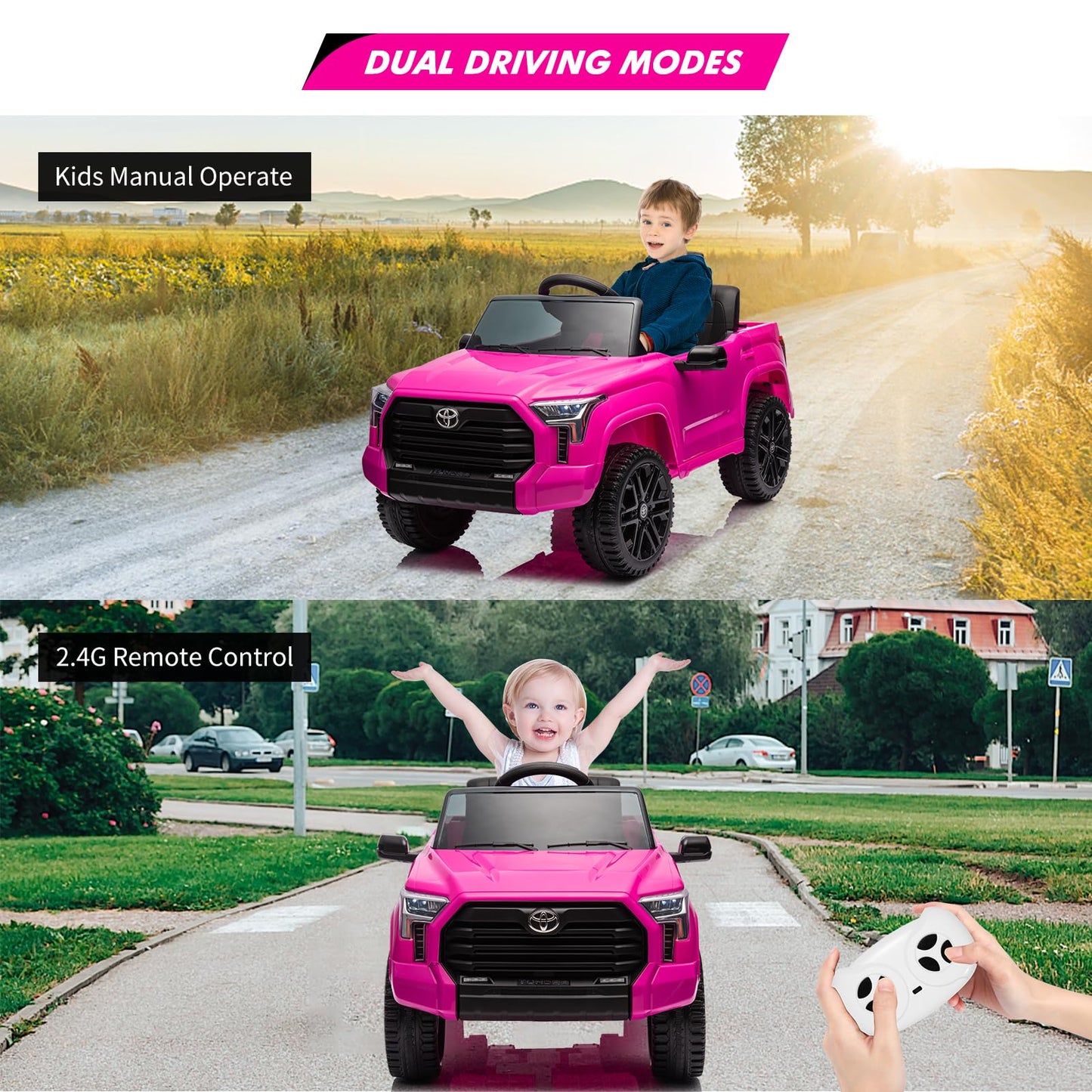 Garvee Ride - P Series: 12V Ride on Car For Kids Age 3+ , Licensed Toyota, with Remote Control, MP3, LED Lights, Suspension System, Double Doors, Safety Belt, Ride On Toys for Boys Girls - Rose