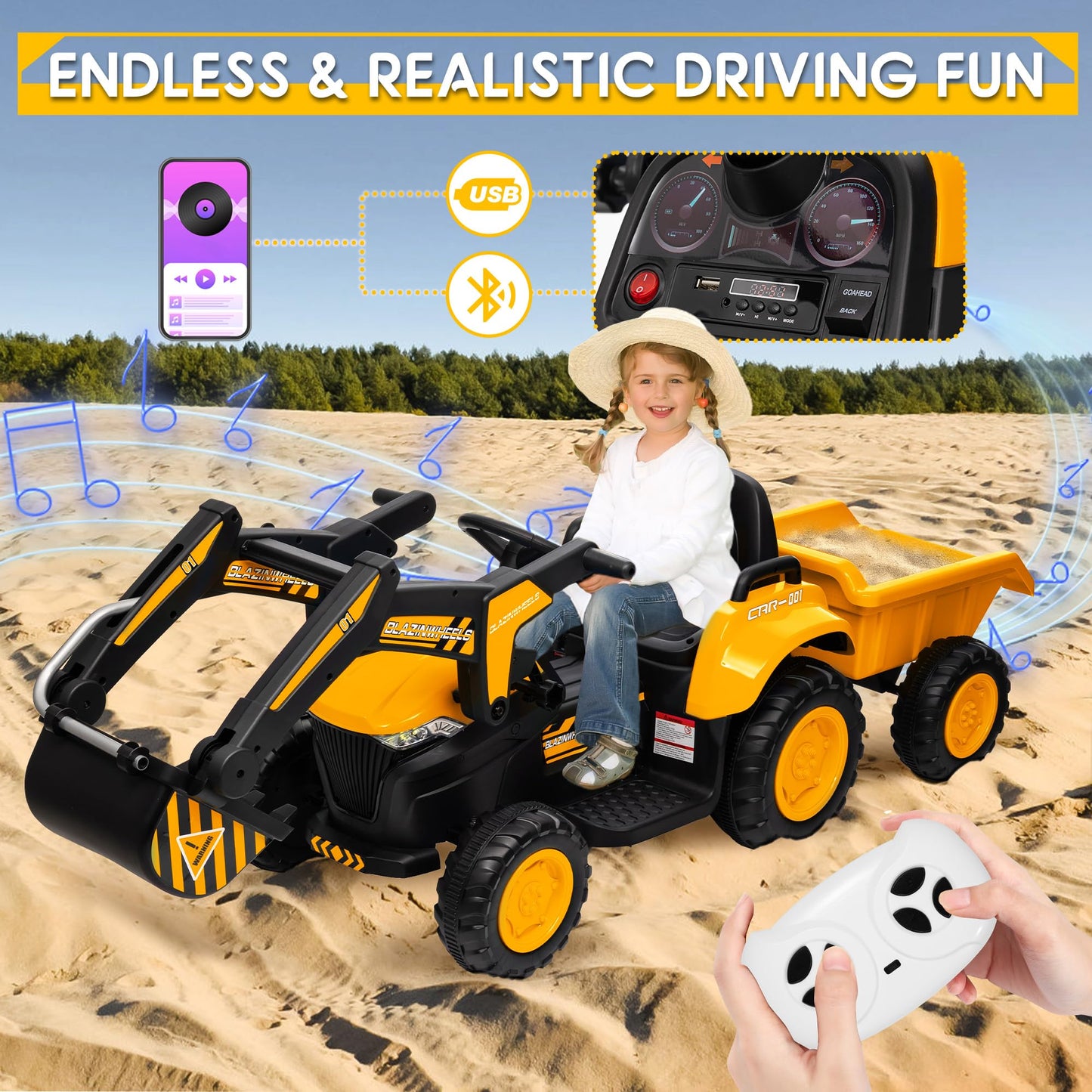 Garvee Ride - P Series: 12V 3 in 1 Ride on Excavator & Tractor with Detachable Trailer, Ride on Car Toy with Remote Control, Digger, LED Lights, Music, Kids Electric Vehicles for Boys Girls, Yellow