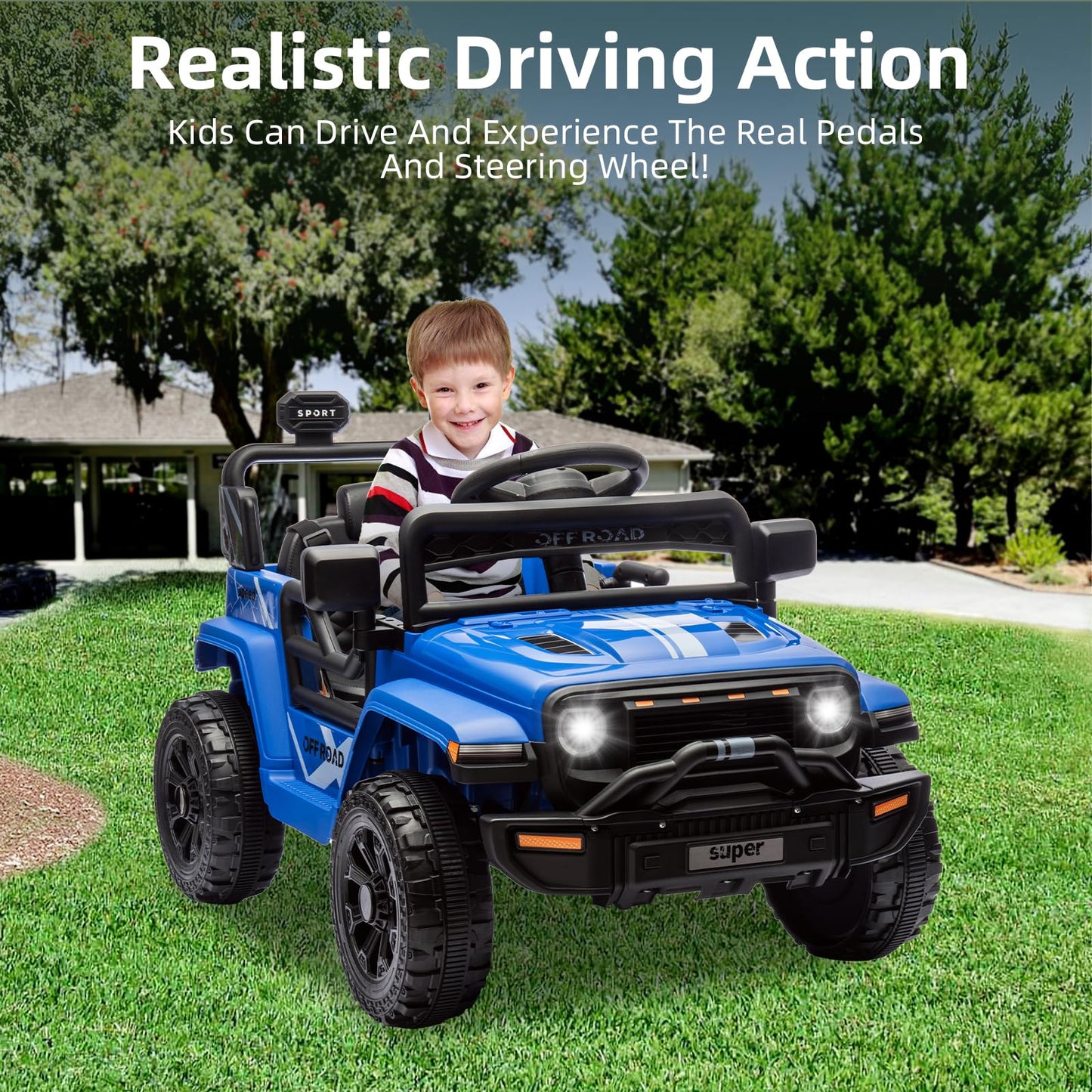 Garvee Ride - P Series: 12V Ride On Toy w/Parent Remote Control, Steering Wheel Music, 4-Wheel Spring Suspension, Led Lights, 2 Speeds, Kids Electric Vehicles for Age 3-5, Blue