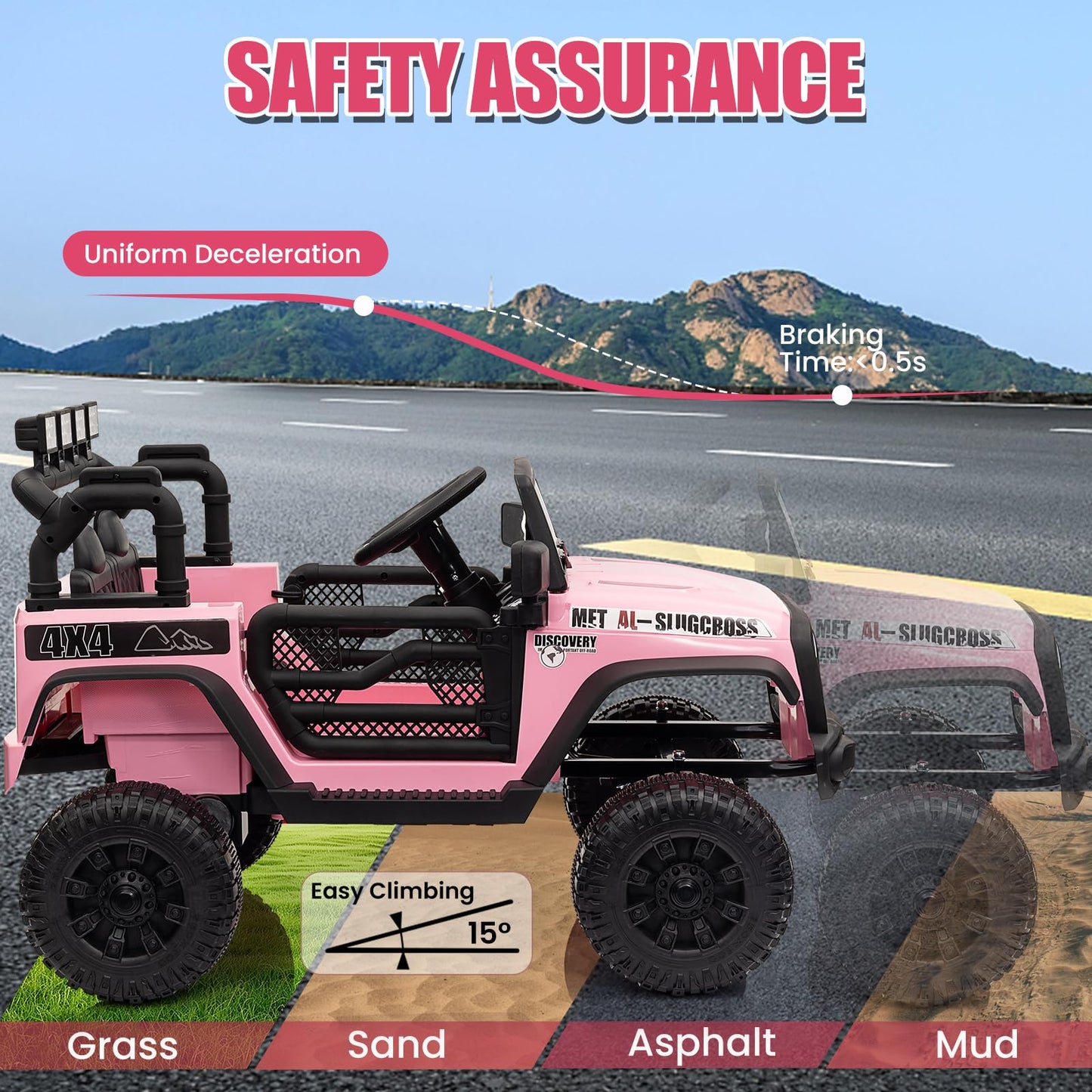 Garvee Ride - P Series: 12V Kids Electric Vehicles with Remote Control, 2 Speeds, Spring Suspension, LED Headlight, Bluetooth, Music, Battery Powered Car for Kids - Pink