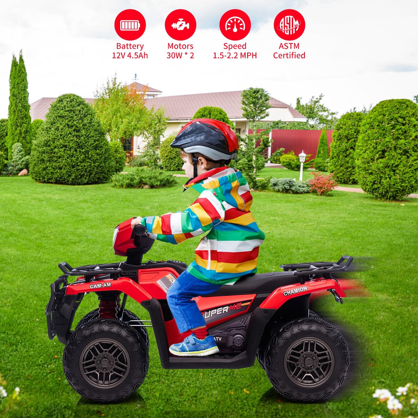 Garvee Ride - P Series: 12V Ride on Quad ATV for Kids, Electric Vehicle for Toddlers, High/Low 2.2mph Safety Speed for Child, Forward/Backward,LED Light, Music,USB for Boys Girls Gift- Red