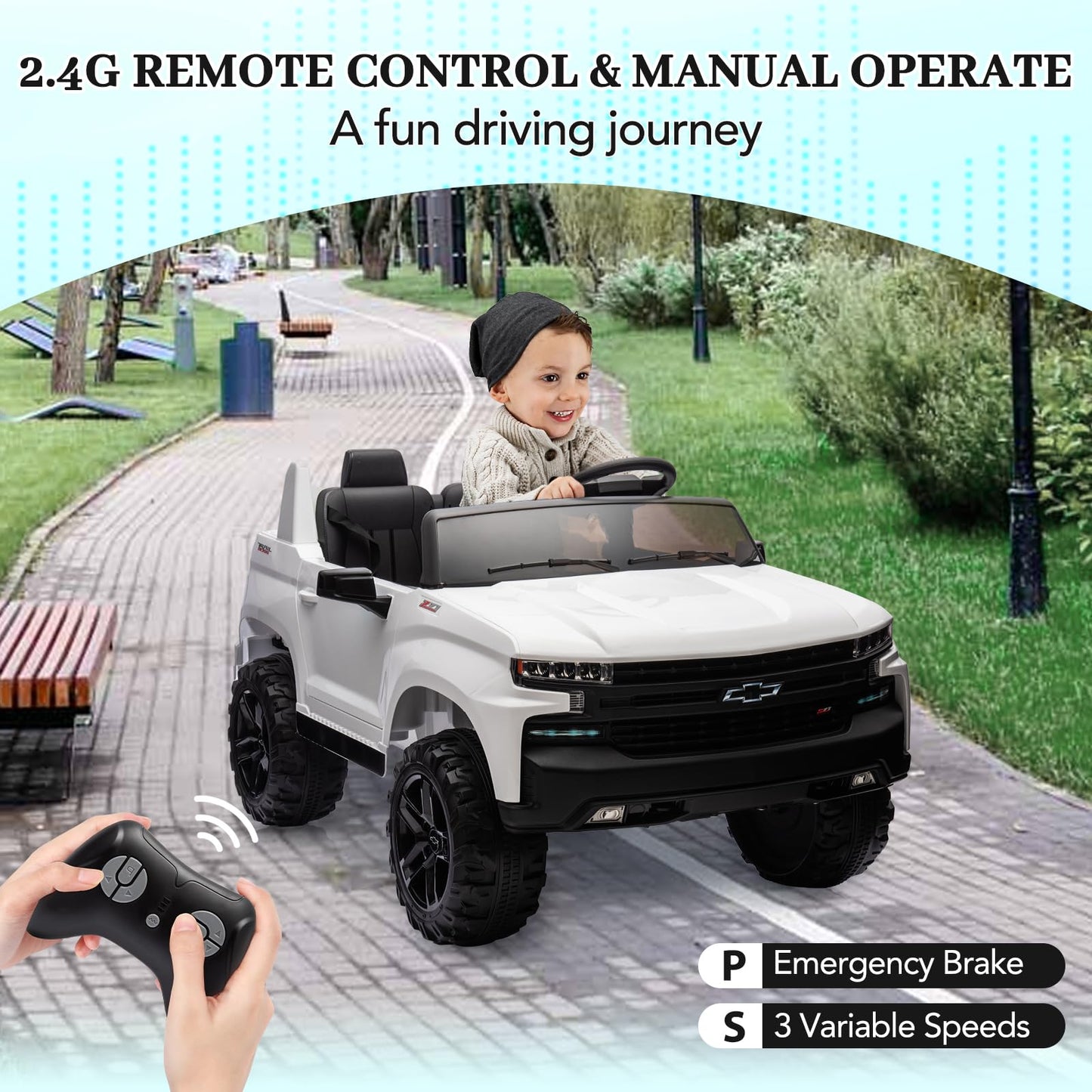 Garvee Ride - P Series: 24V 2-Seater Ride On Car For Kids For 3 - 8 years, Licensed Chevrolet Silverado - White