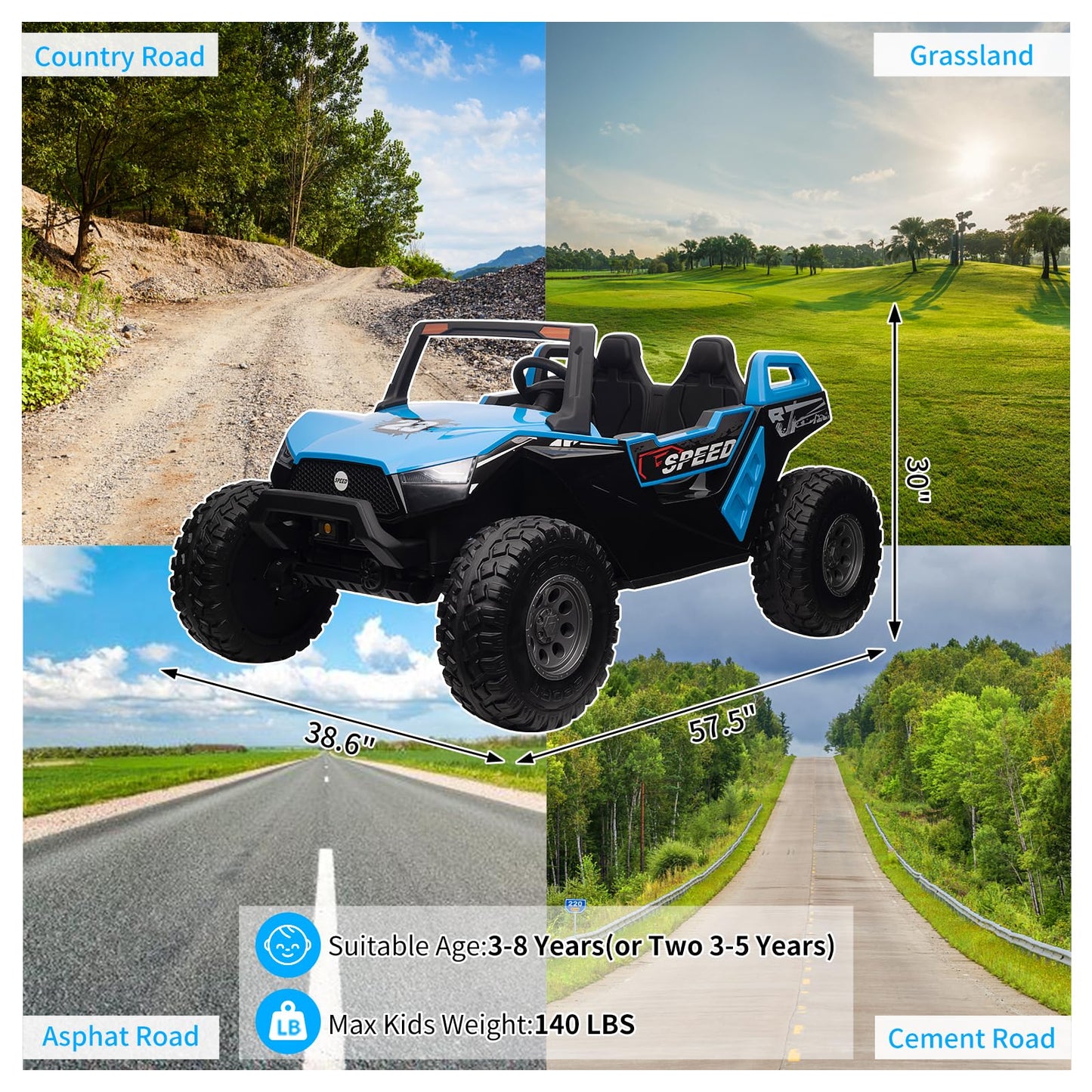 Garvee Ride - P Series: 24V 2-Seater Ride-On UTV: Remote Control, 4WD Motors, 21" Seats + Foldable Seat, 15.4" EVA Wheels, Music, LED Lights, 140lb Max Load - Blue