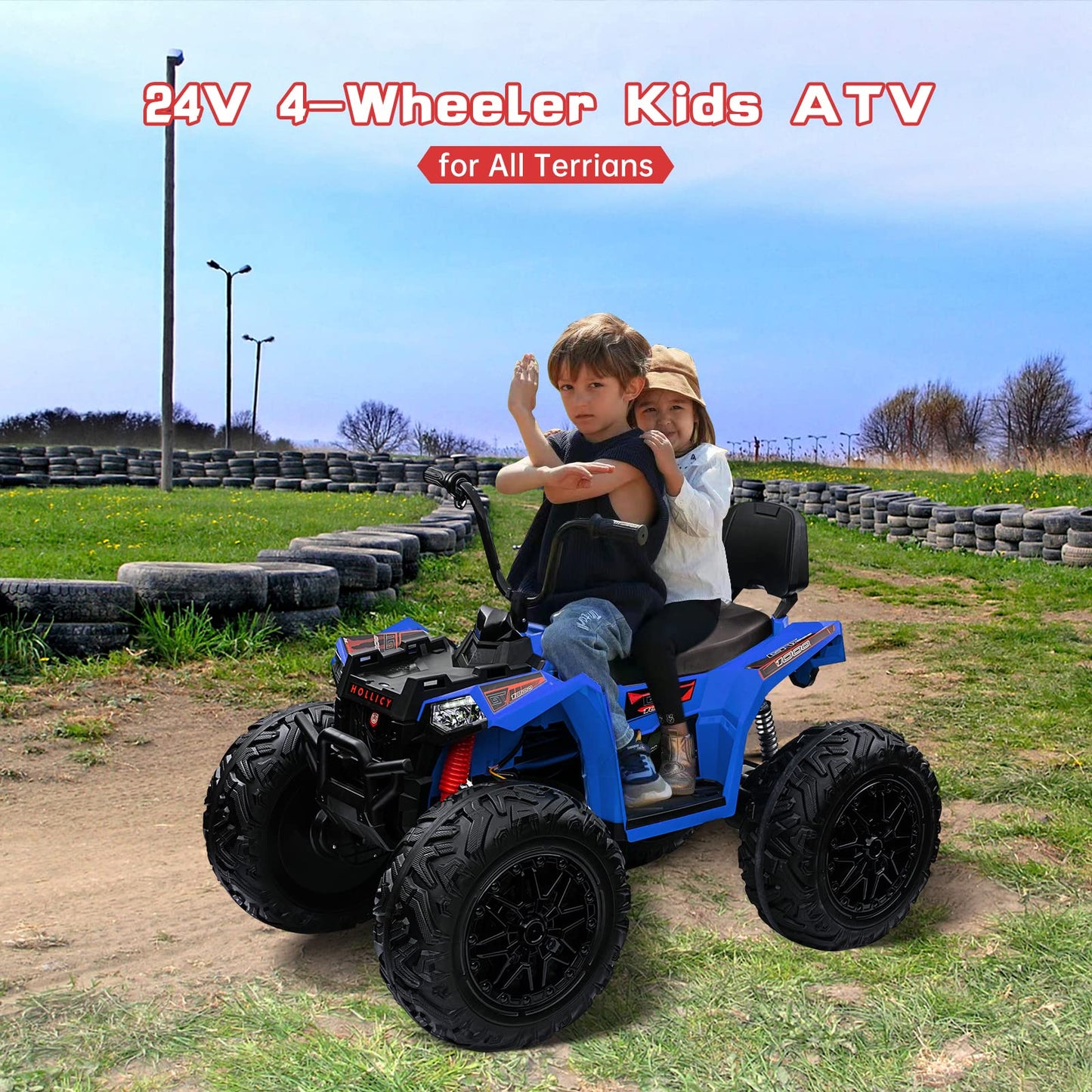 Garvee Ride - P Series: 24V Kids Quad ATV, Ride on Car 4WD Quad Electric Vehicle, 4x80W Powerful Engine, with 7AHx2 Large Battery, Accelerator Handle, EVA Tire, Full Metal Suspension, LED Light, Bluetooth&Music - Blue