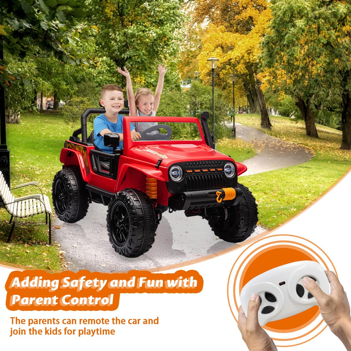 Garvee Ride - P Series: 24V 2 Seater Ride On Truck Car For Kid age 3 - 8 years, w/Remote Control, 4-Wheeler Suspension, 4x55W Powerful Engine, 4WD Battery Powered, LED Lights, Soft Braking - Red