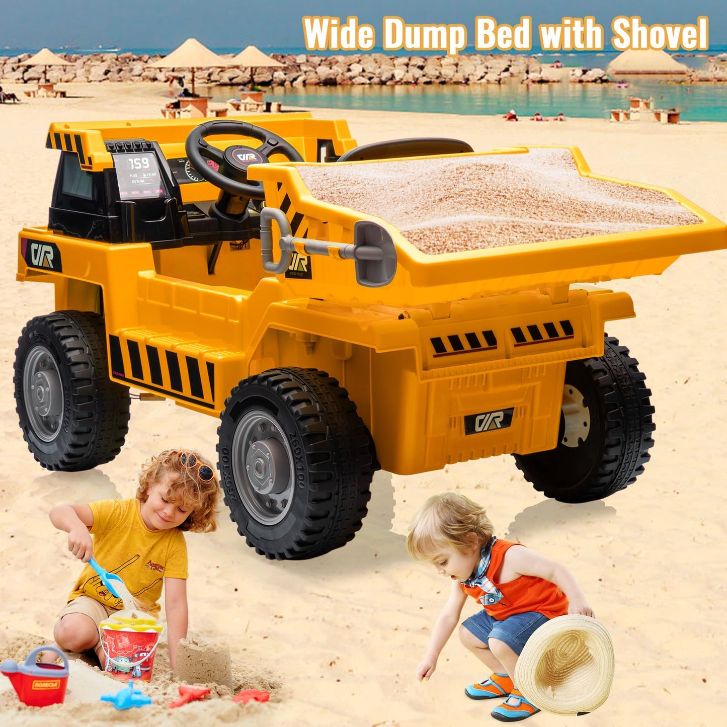 Garvee Ride - P Series: 12V with Electric Dump Bed, Remote Control, MP3, USB, Music Player, Yellow, Safe All-Terrain Tires
