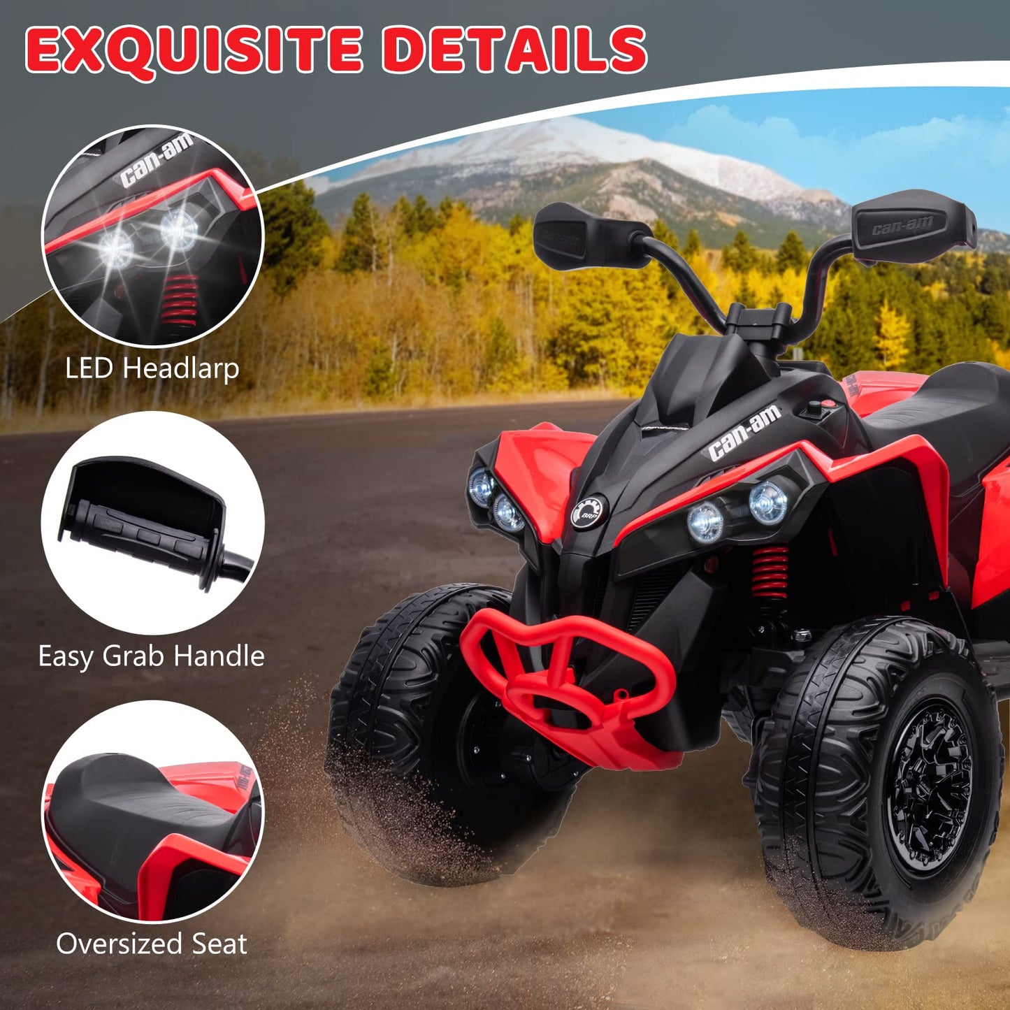 Garvee Ride - P Series: 12V Ride on Toy Car Bombardier Licensed BRP Can-am 4 Wheeler Quad Electric Vehicle, w/LED Lights, Spring Suspension, Bluetooth, Music, USB, Treaded Tires, White - Red