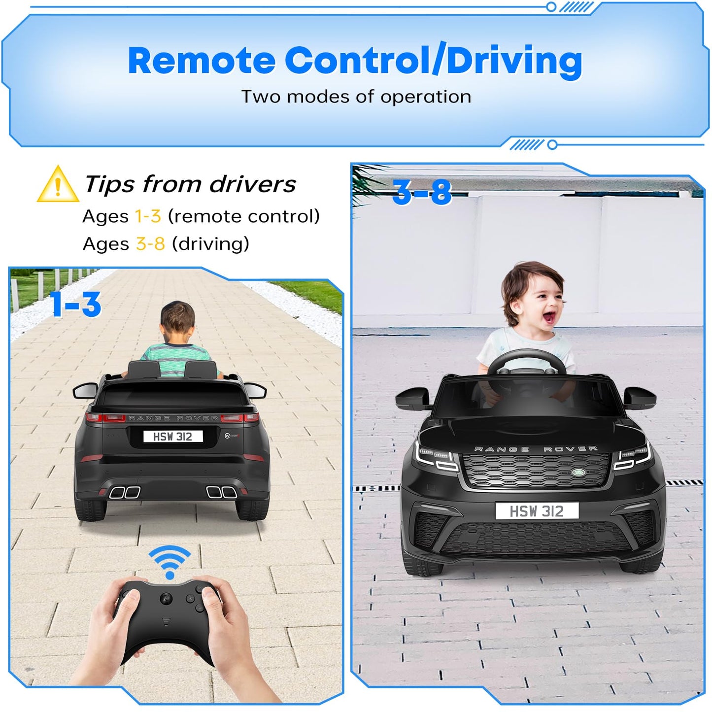 Garvee Ride - P Series: 3-8, 12V Licensed Land Rover Ride Electric Car for Kids with Parent Remote Control, MP3 Player, Rocking, Pull Rod - Black